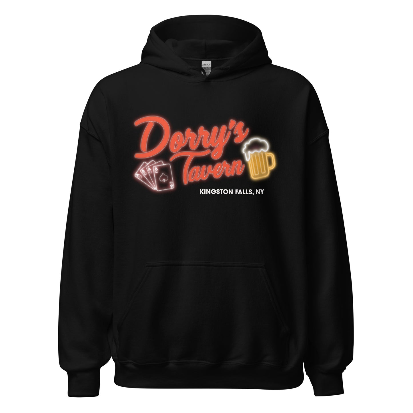 A vintage, 70s style "Dorry's Tavern" hooded sweatshirt from Kingston Falls, NY with the images of an overflowing beer mug and a couple playing cards, all aces, in reference to the bar from the 1984 horror comedy film 'Gremlins.' 