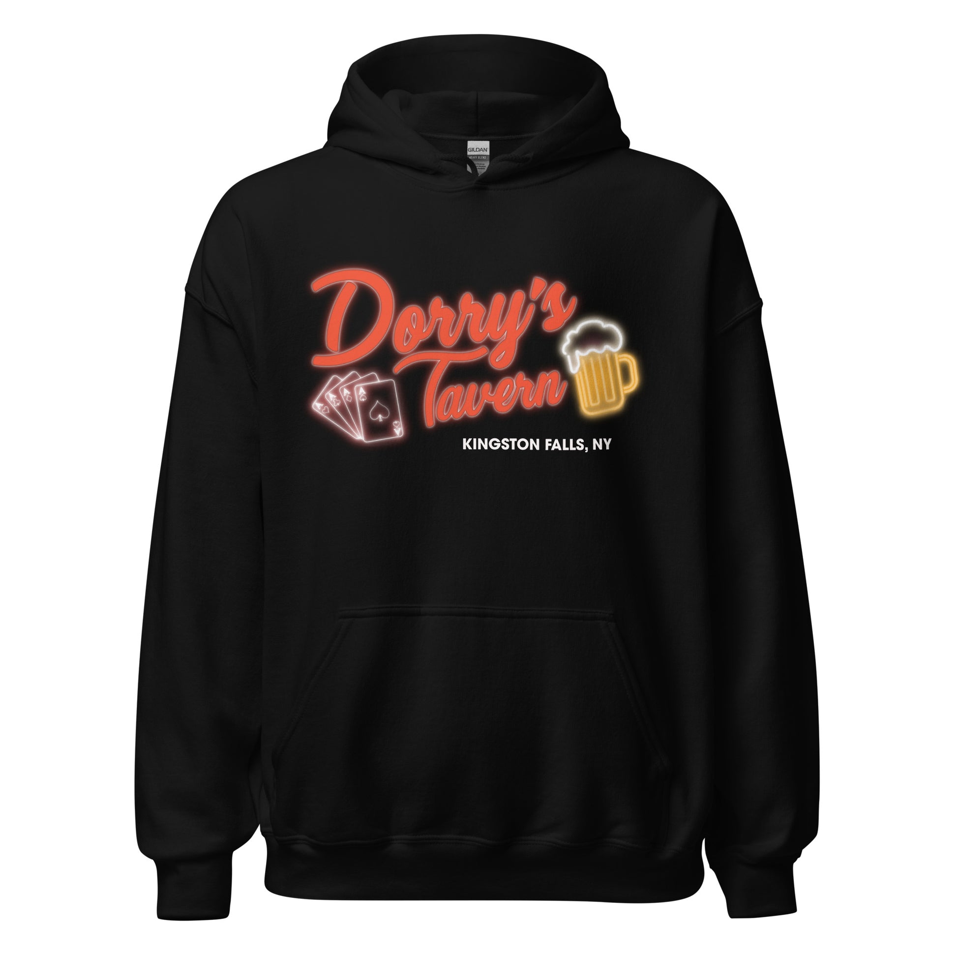 A vintage, 70s style "Dorry's Tavern" hooded sweatshirt from Kingston Falls, NY with the images of an overflowing beer mug and a couple playing cards, all aces, in reference to the bar from the 1984 horror comedy film 'Gremlins.' 