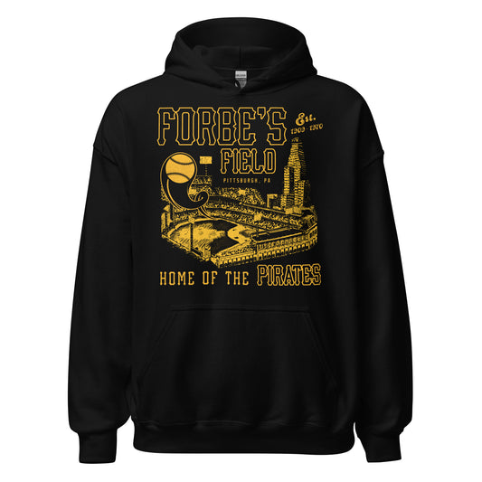 An 80s style, retro Forbe's Field hoodie sweatshirt with the text "Est. 1909-1970" and "Pittsburgh, PA" with a picture of the baseball stadium, often referred to as the "Home of the Pirates", an MLB team. Image has a baseball being hit into the air in front of the Cathedral of Learning tourist landmark. 