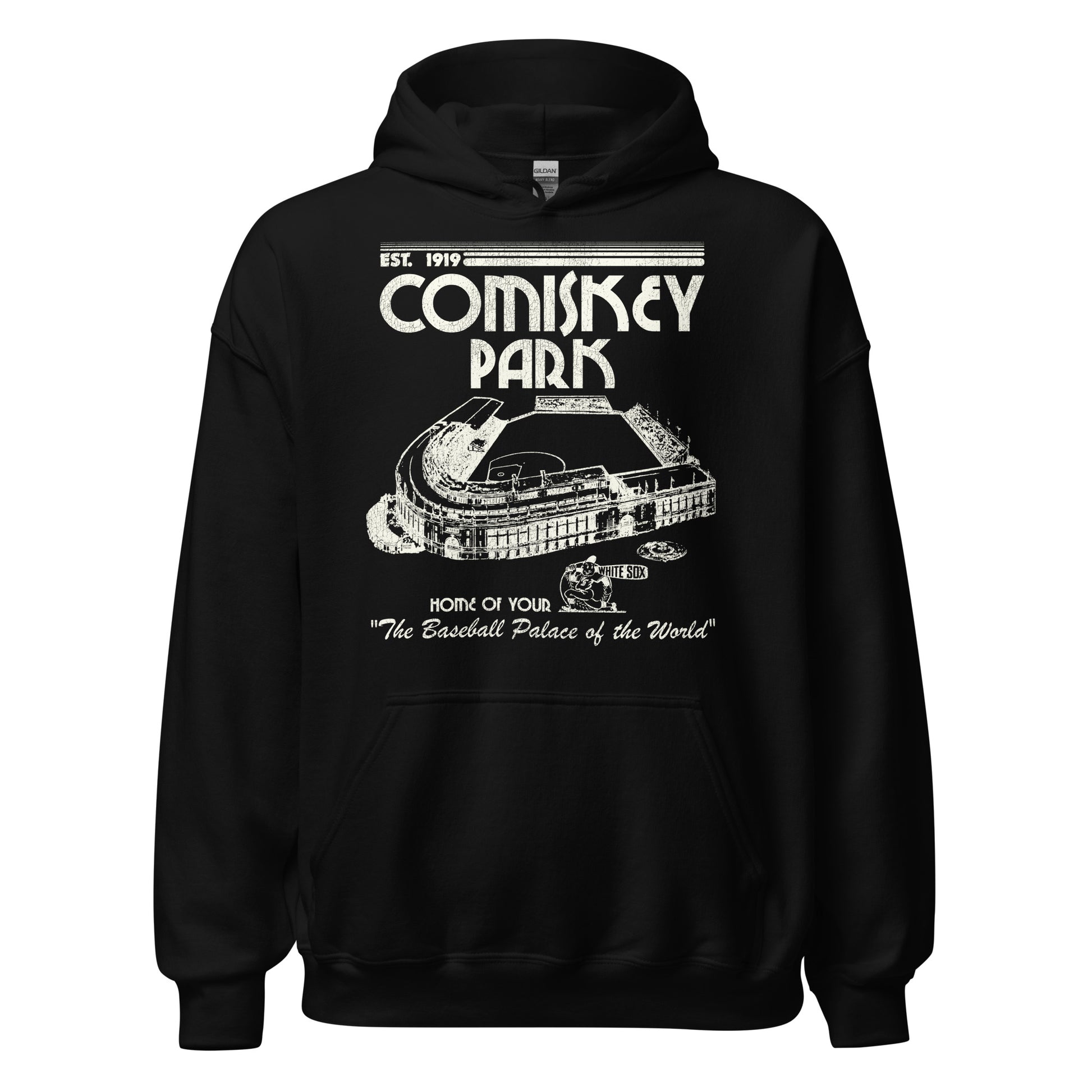 A black tourist vintage Comiskey Park hoodie sweatshirt that says "Home of Your White Sox" and "The Baseball Palace of the World" and was Established in 1919. References the Chicago South Side stadium where the White Sox played from 1910-1990. Image of a baseball diamond inside the stadium, named after owner Charles Comiskey, and a White Sox baseball player holding a bat. 