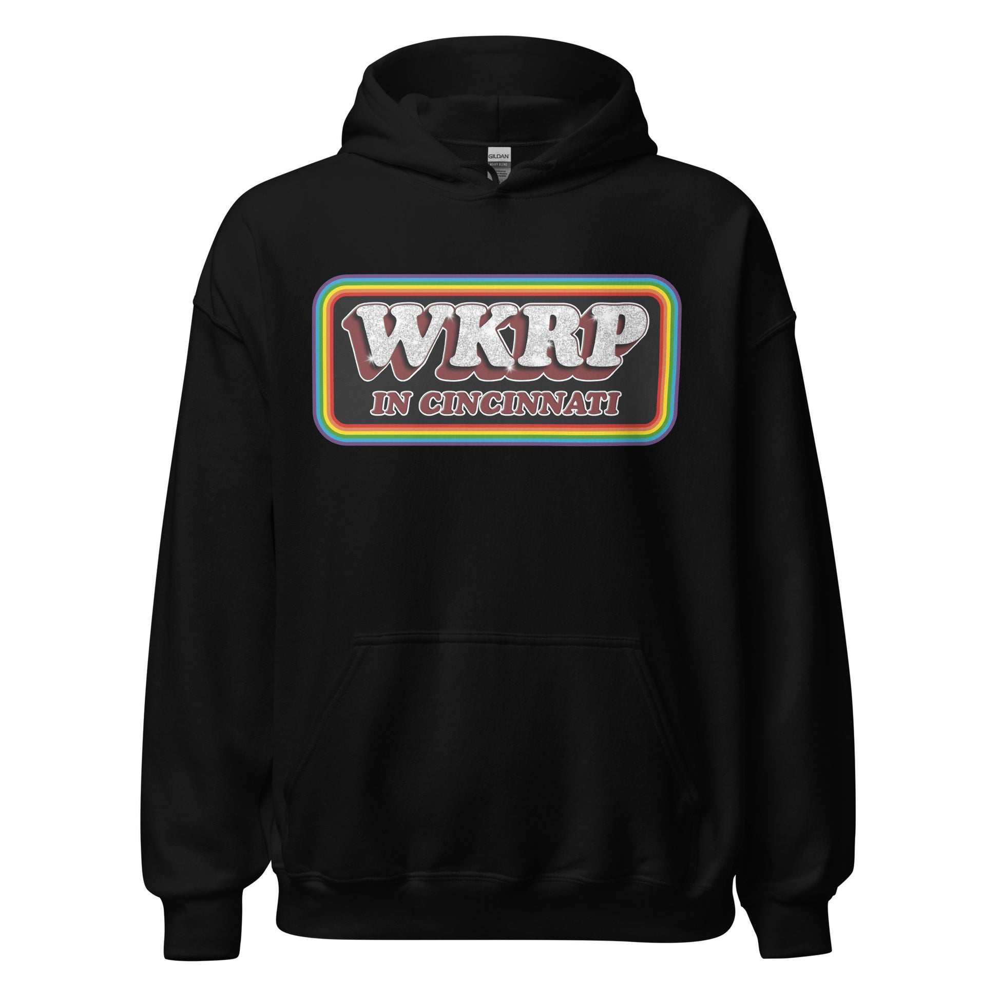 A 60s style black hoodie sweatshirt for WKRP in Cincinnati, the comedy TV show that ran in the 70s - 80s. The logo is surrounded by rainbow lines in a rectangle. 