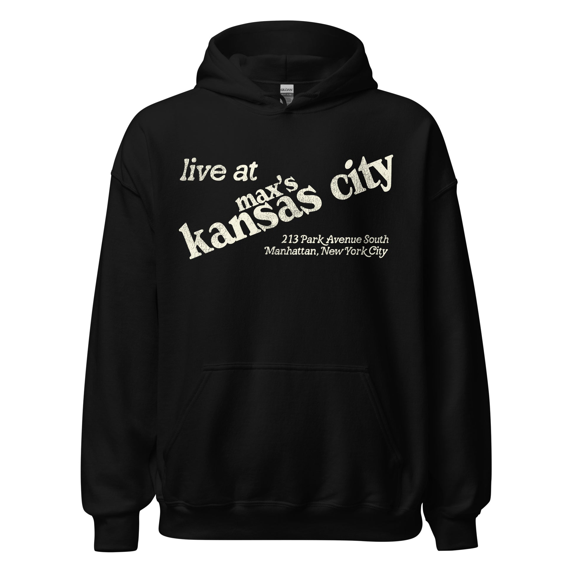 A vintage black hooded sweatshirt that says "live at Max's Kansas City" with the famous nightclub's address "213 Park Avenue South, Manhattan, New York City." 