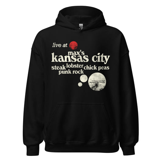 A retro 70s black Max's Kansas City hoodie sweatshirt that says "live at Max's Kansas City" and "Steak, Lobster Chick Peas, Punk Rock". Includes the address "213 Park Avenue South, Manhattan, New York City." Image of a red circle with black lines in reference to the "Bucket of Blood" back room that had a Dan Flavin red fluorescent sculpture. 