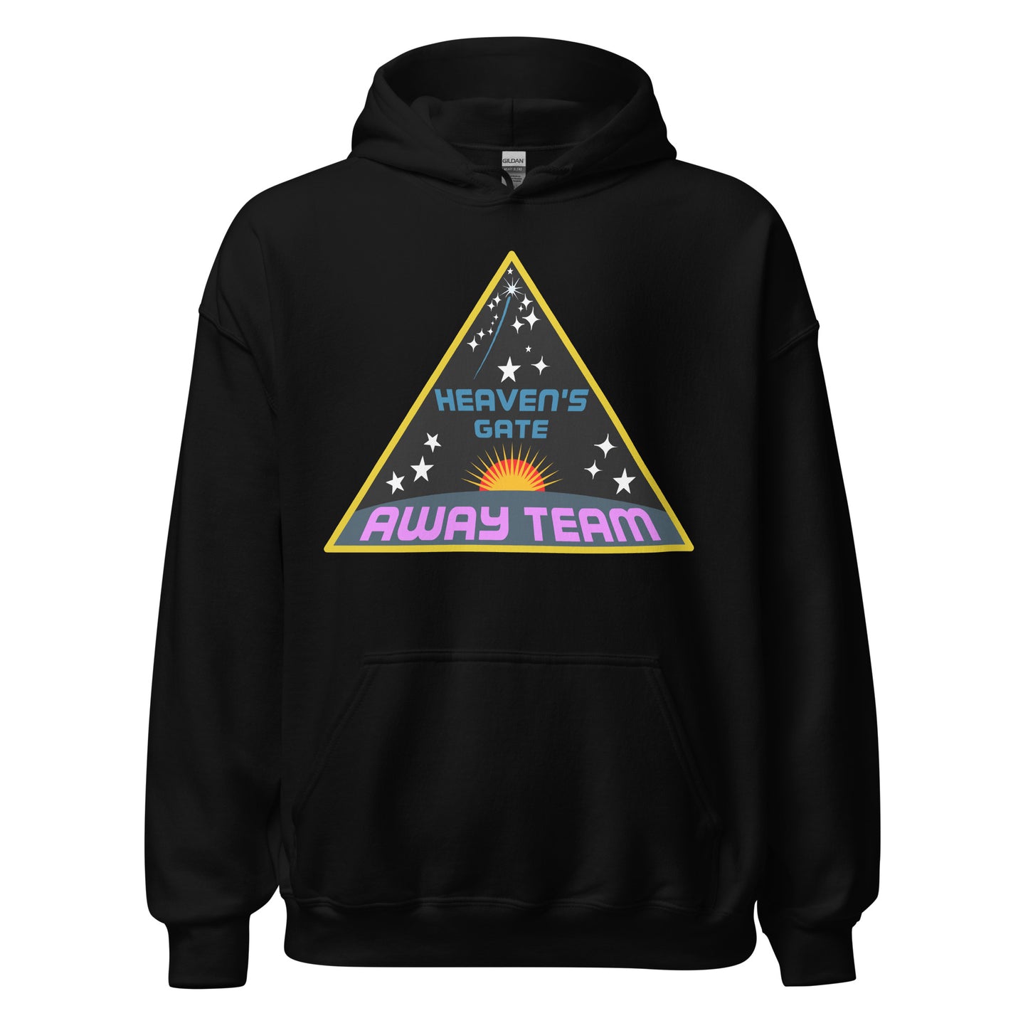 A vintage black 80s style hoodie sweatshirt saying "Heaven's Gate", referencing the infamous cult, and "Away Team" with the image of yellow and orange sun with spikes and white stars and shooting stars in outer space. 