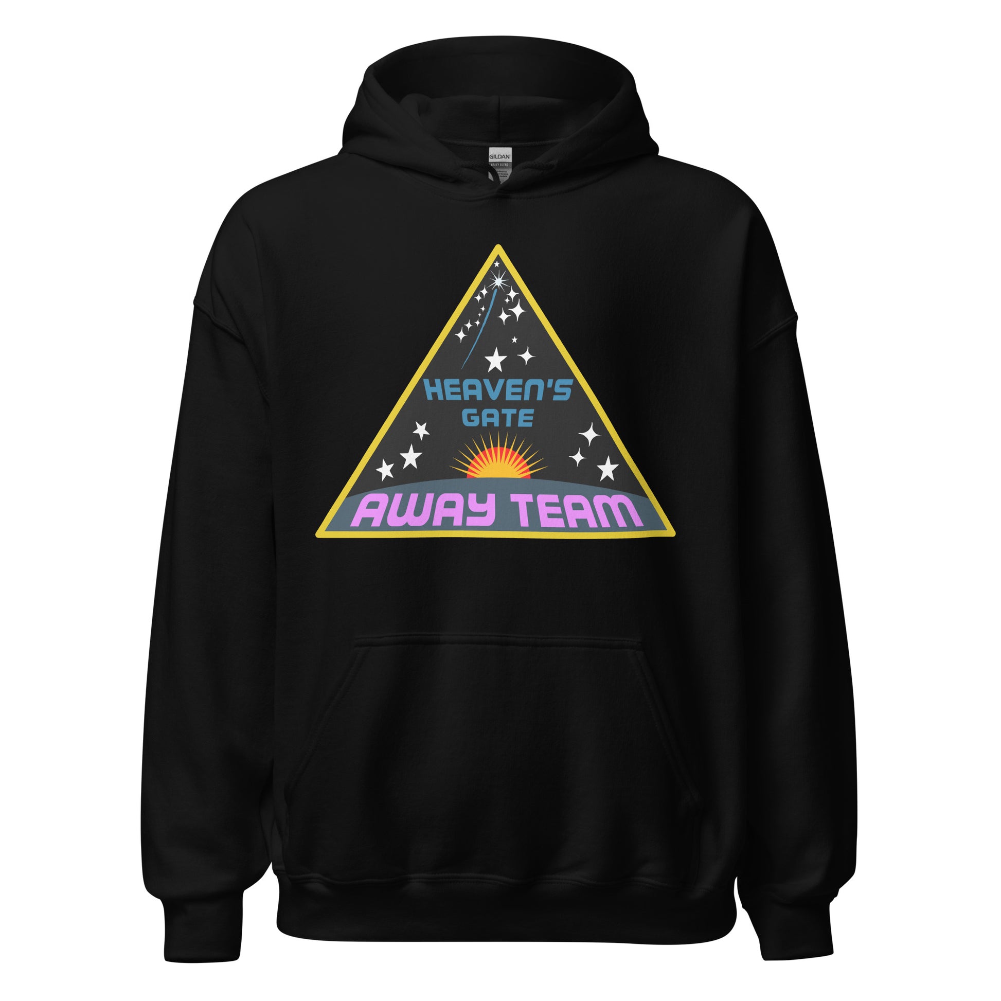 A vintage black 80s style hoodie sweatshirt saying "Heaven's Gate", referencing the infamous cult, and "Away Team" with the image of yellow and orange sun with spikes and white stars and shooting stars in outer space. 
