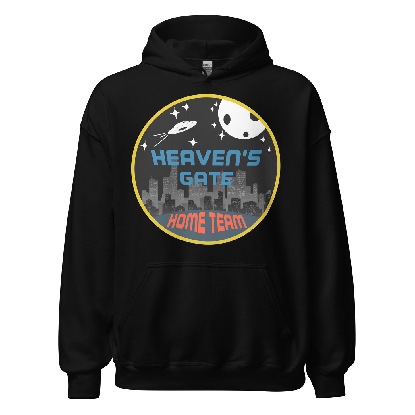 A retro 70s style black Heaven's Gate hoodie sweatshirt that says "Home Team". Image of a city skyline at nighttime, all lit up and a UFO flying through stars, space, and by the moon. 
