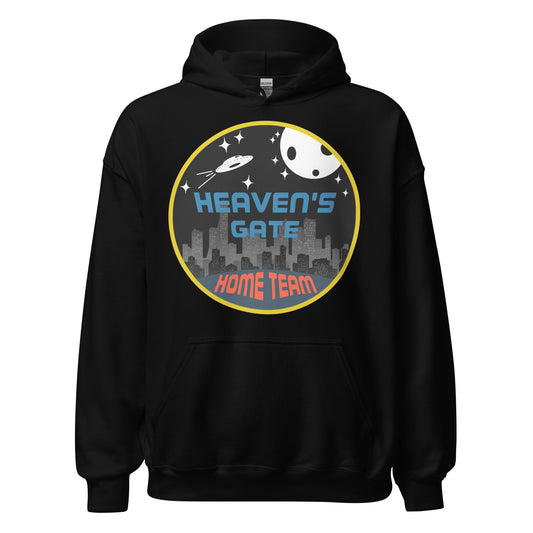 A retro 70s style black Heaven's Gate hoodie sweatshirt that says "Home Team". Image of a city skyline at nighttime, all lit up and a UFO flying through stars, space, and by the moon. 
