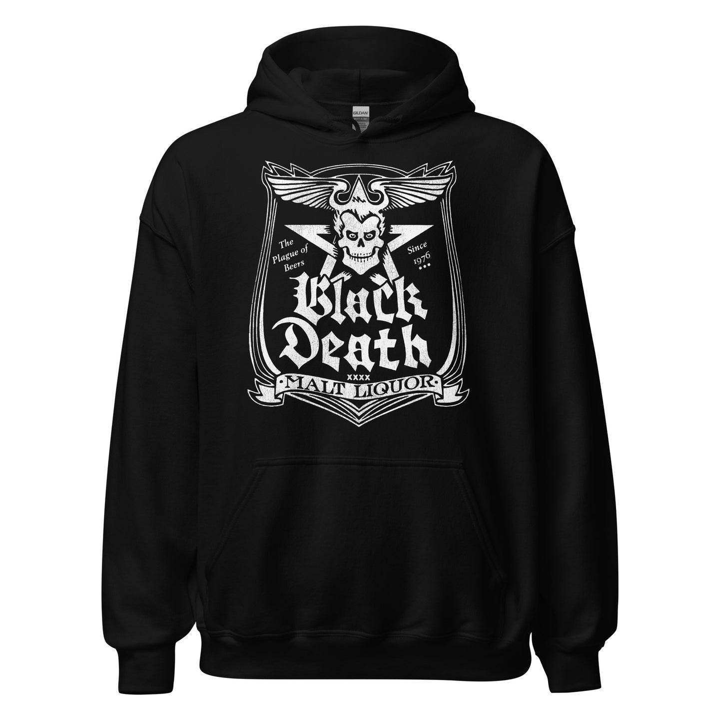 A black vintage 80s style hoodie sweatshirt that says Black Death Malt Liquor on a gothic shield with a devil skull and winglike horns over a five pointed satanic star. Says The Plague of Beers Since 1976. In reference to the TV sitcom series WKRP in Cincinnati, and the character Dr. Johnny Fever. 