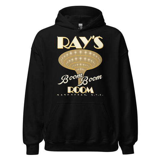 A black hooded sweatshirt that says "Ray's Boom Boom Room" and "Manhattan, N.Y.C." with a spiraling star funnel in gold referencing the 90s movie Life. 
