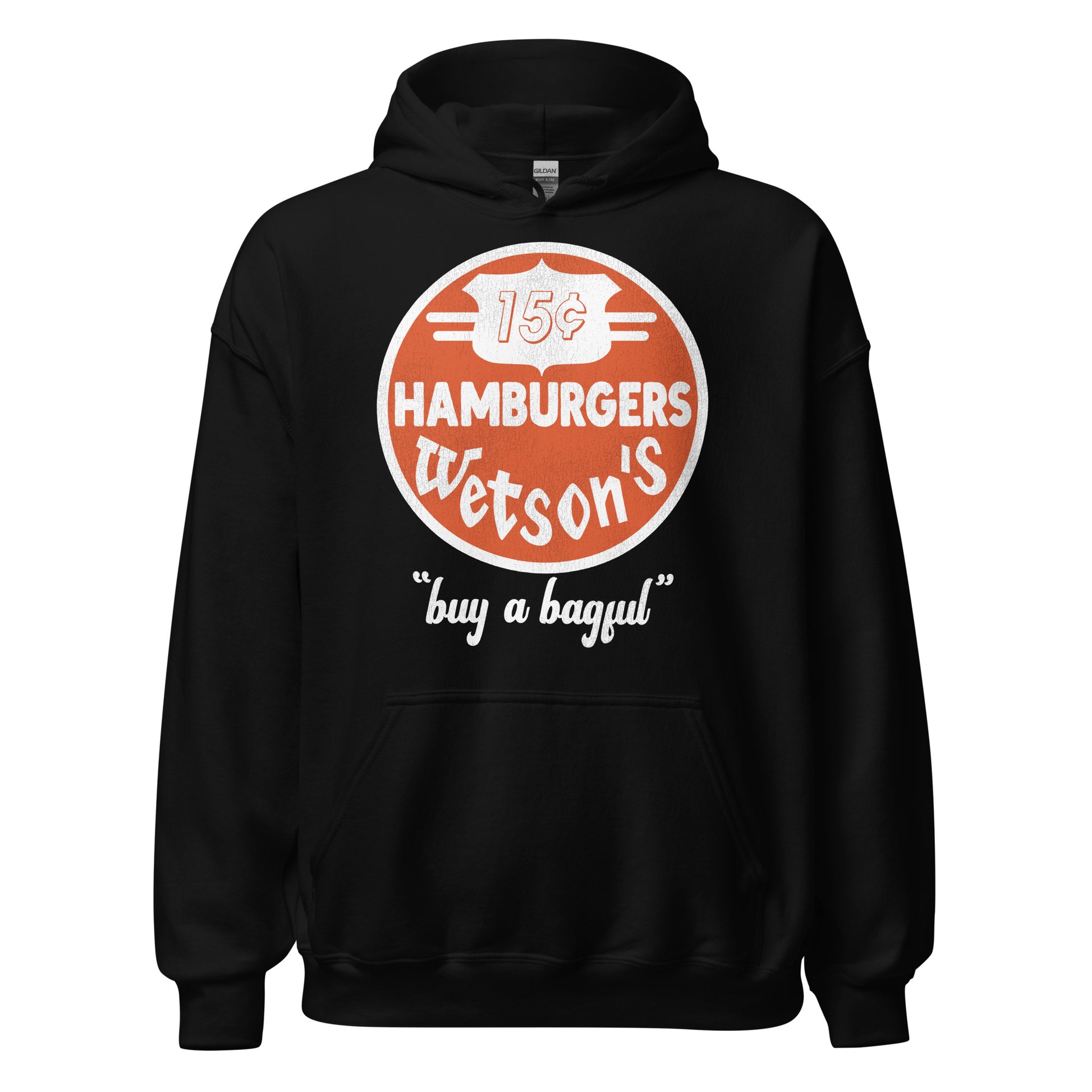 A unisex tourist heavy blend hooded sweatshirt with an orange label of 15 cent Hamburger's Wetson's and the text "Buy a Bagful" from the 50s, 60s, and 70s burger brand. 