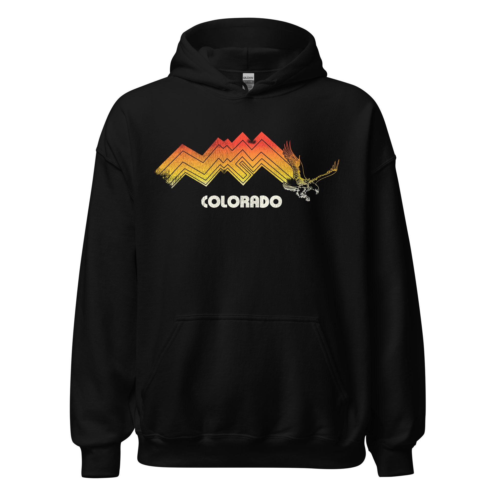 A black 1960s hoodie with a Colorado mountain range of ombre yellow to red with an eagle and the word Colorado. 