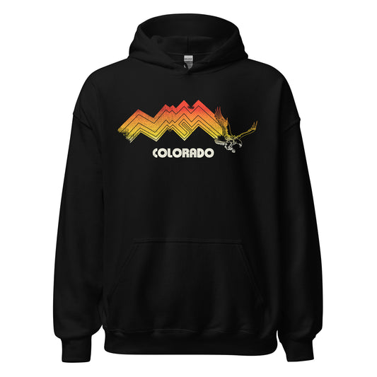 A black 1960s hoodie with a Colorado mountain range of ombre yellow to red with an eagle and the word Colorado. 