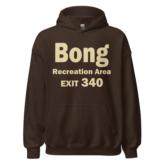 A dark chocolate brown colored vintage hooded sweatshirt that says "Bong Recreation Area Exit 340" in reference to the famous street sign off of a WI roadway in the Richard Bong State Recreation Area. Famous for how people interpret it in connection to cannabis, though it's actually named after World War II vet Major Richard Ira Bong. 
