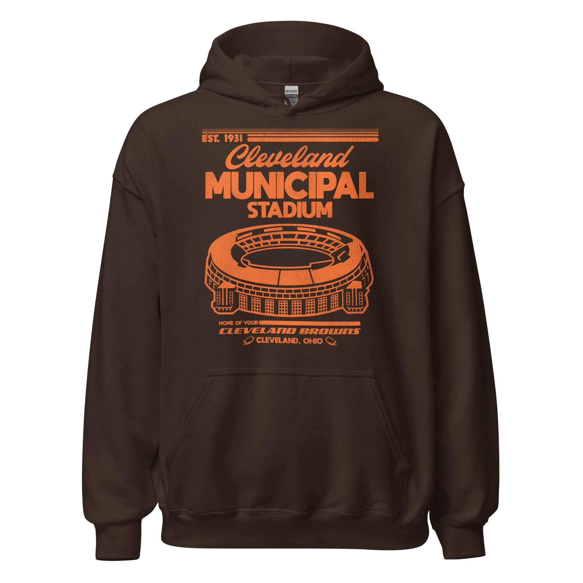 A brown retro tourist Cleveland Municipal Stadium hooded sweatshirt. Says "Home of Your Cleveland Browns", referencing the NFL team which played there from the 1940s to the 1990s. Stadium was "Est. 1931" in "Cleveland, Ohio". Image of the circular multipurpose stadium in orange and brown, colors of the Browns football team. 