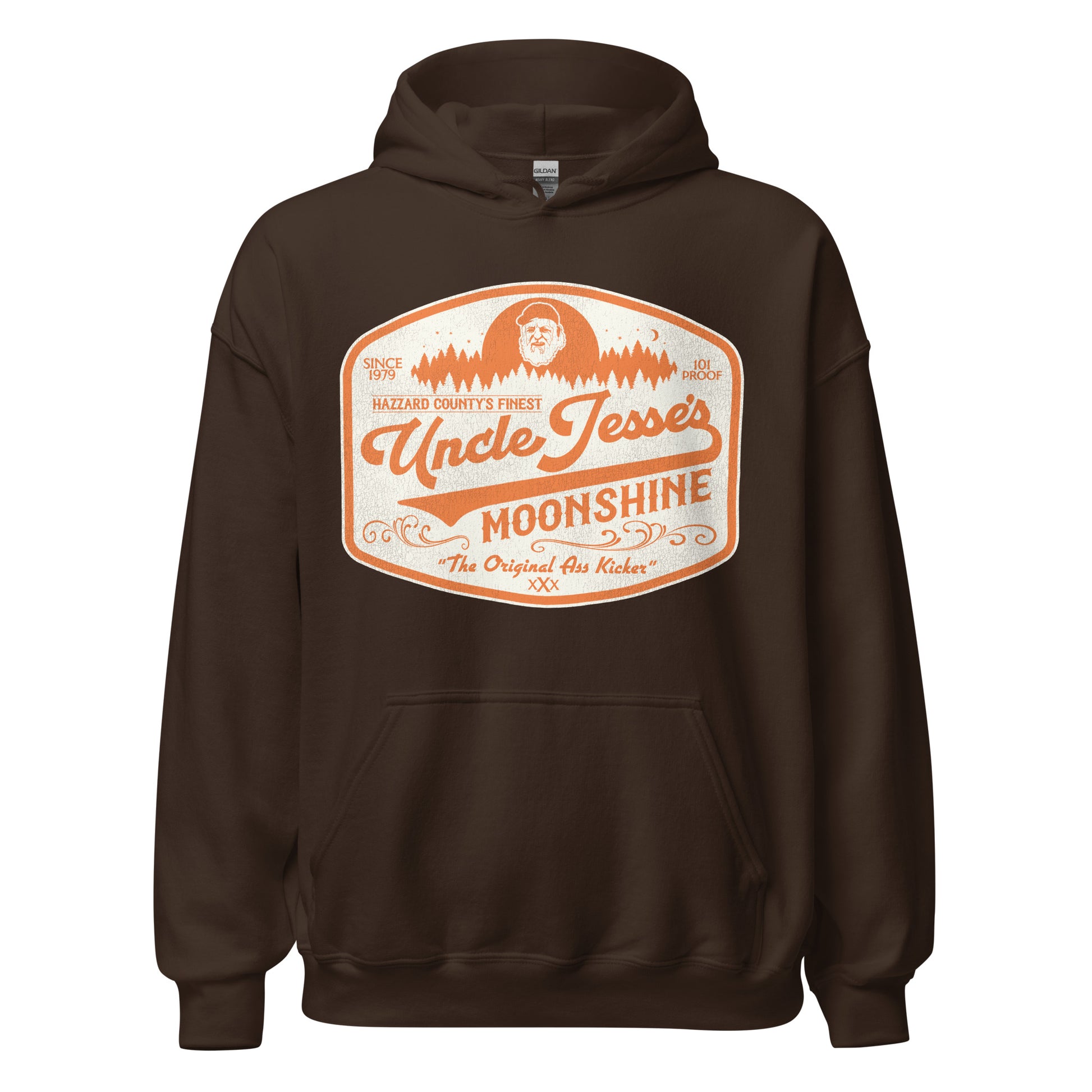 A brown vintage 90s style Uncle Jesse's Moonshine hooded sweatshirt that says Hazzard County's Finest, Since 1979, 101 Proof, and The Original Ass Kicker. From the TV series The Dukes of Hazzard. Image of the Uncle Jesse's Moonshine logo, including Jesse Duke (played by Denver Pyle) in orange.