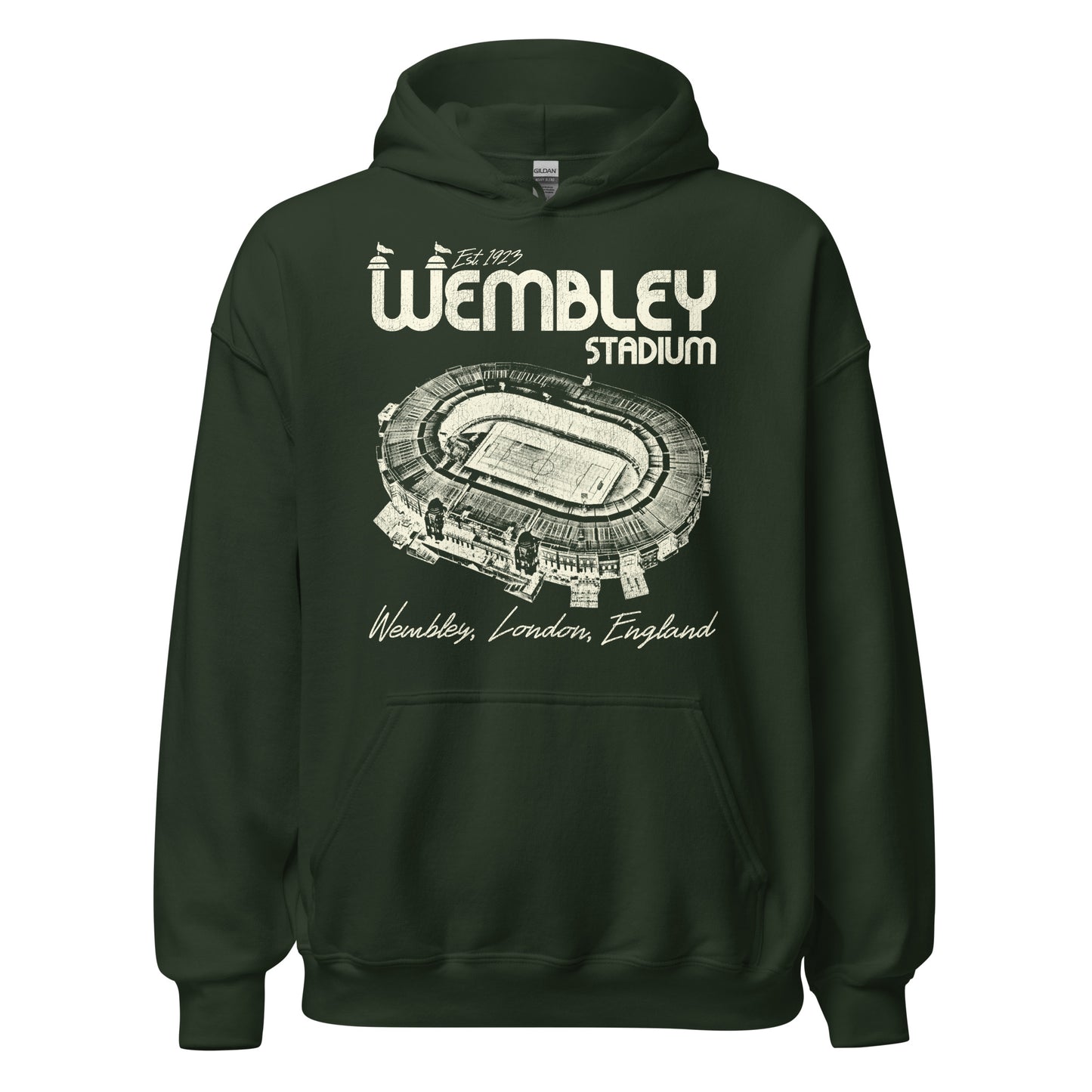A forest green travel Wembley Stadium hoodie sweatshirt that says "Wembley, London, England" and "Est. 1923", and has an image of the stadium, home of English football and the largest venue in the UK. Hosts the FA Cup Finals, rugby games, NFL London Games, and concerts. 