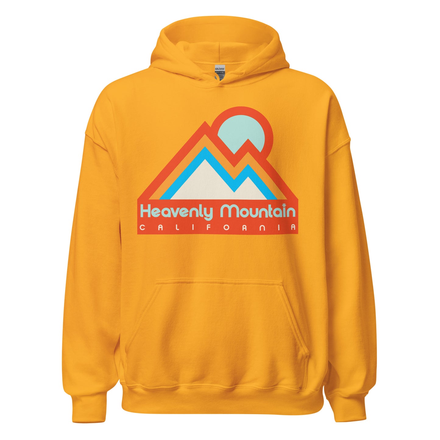 A gold orange colored 70s style retro hooded sweatshirt that says Heavenly Mountain, California in reference to the famous ski resort, the highest by Lake Tahoe, in the Sierra Nevadas. Known for its stunning 4800 acres of terrain and snowboarding and skiing opportunities for tourists. Sweatshirt has image of stylized orange, electric blue, and ice blue mountain range and sunrise. 