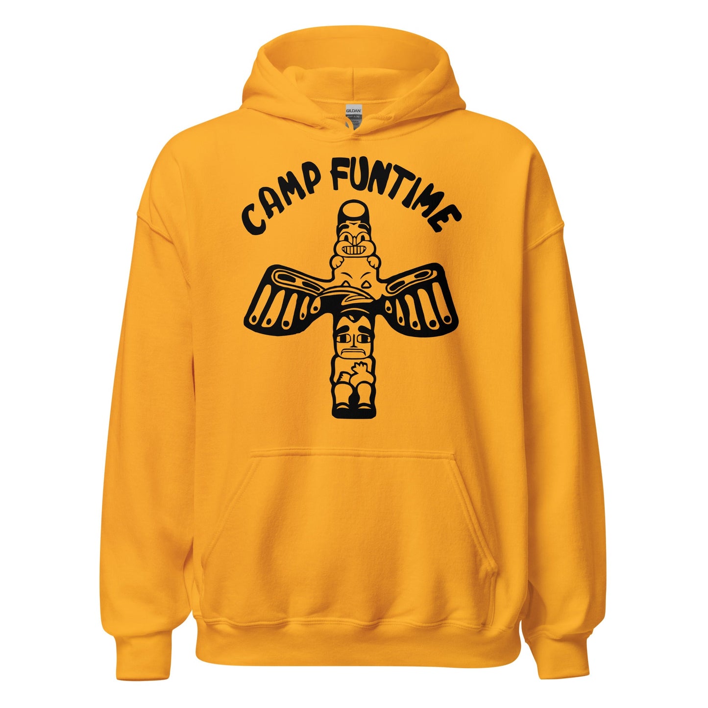 A gold colored retro hoodie sweatshirt that says "Camp Funtime" with an image of two boys shaping a cross. Originally worn by iconic post punk singer Debbie Harry, head of the band "Blondie". 