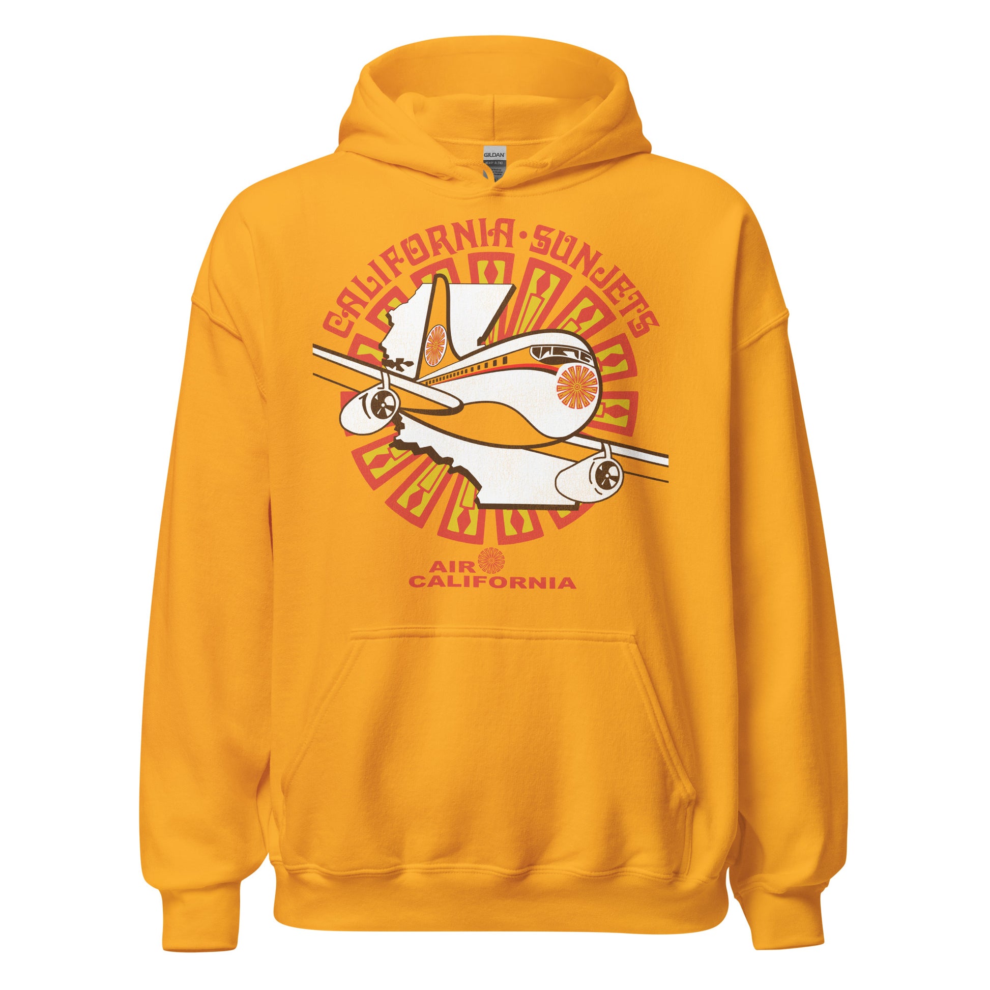 A vintage orange gold hoodie sweatshirt that says California Sunjets and Air California. Refers to the now defunct airline later known as AirCal. Image of the flowery orange and yellow logo overlaid with a map of California and a large orange and white plane flying. 
