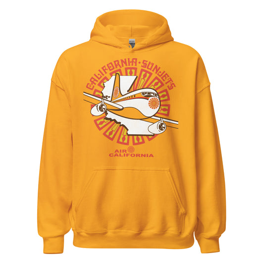 A vintage orange gold hoodie sweatshirt that says California Sunjets and Air California. Refers to the now defunct airline later known as AirCal. Image of the flowery orange and yellow logo overlaid with a map of California and a large orange and white plane flying. 