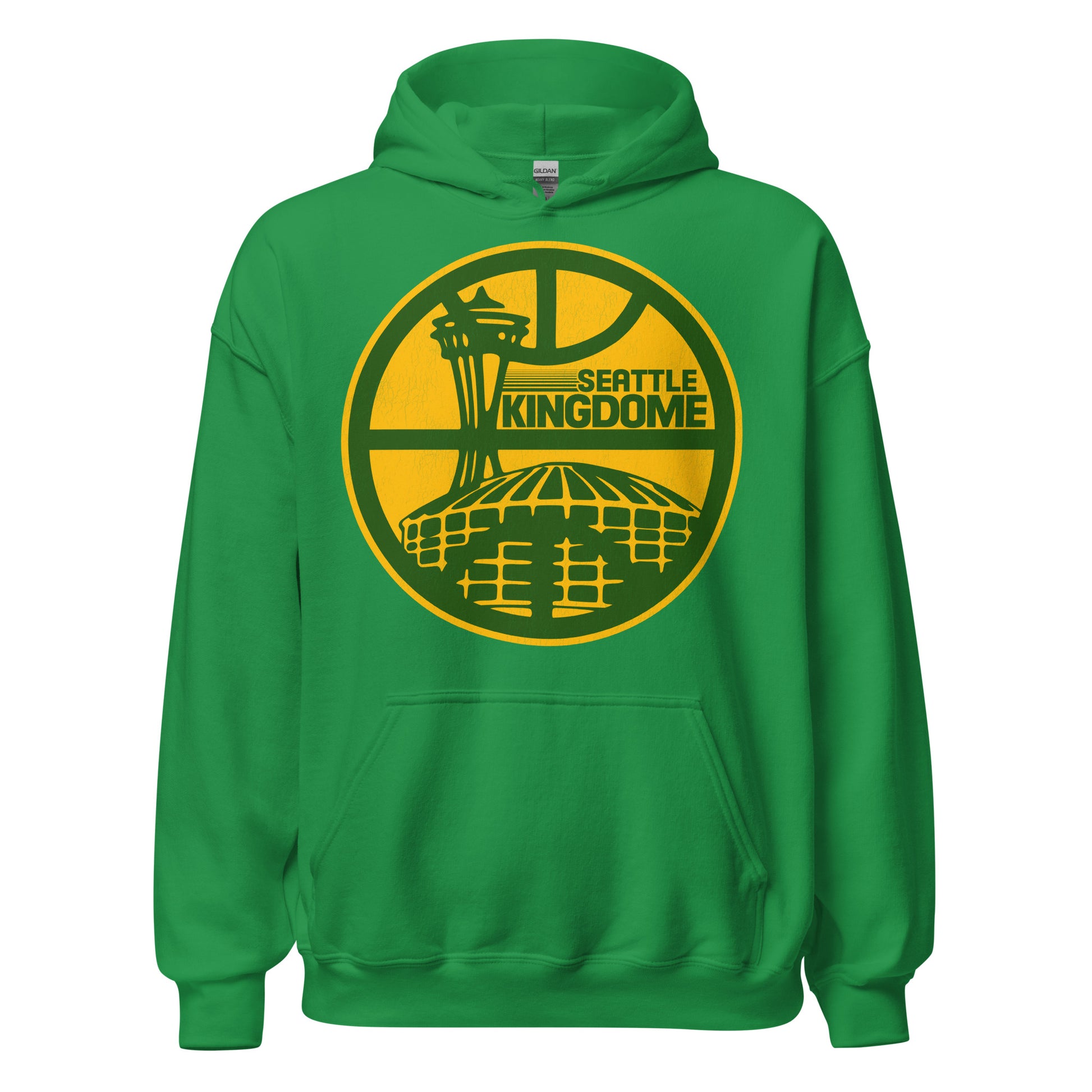An vintage 70s style Seattle Kingdome irish green hooded sweatshirt for tourists with an image of the famous domed multipurpose stadium which stood from 1976-2000, home of the Mariners (MLB), Seahawks (NFL), Sonics (NBA), and Sounders (NASL). Image of Seattle, Washington iconic tourist attraction the Space Needle, and overlayed by the shape of a basketball court. 