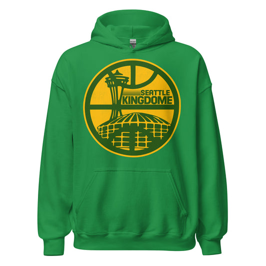 An vintage 70s style Seattle Kingdome irish green hooded sweatshirt for tourists with an image of the famous domed multipurpose stadium which stood from 1976-2000, home of the Mariners (MLB), Seahawks (NFL), Sonics (NBA), and Sounders (NASL). Image of Seattle, Washington iconic tourist attraction the Space Needle, and overlayed by the shape of a basketball court. 