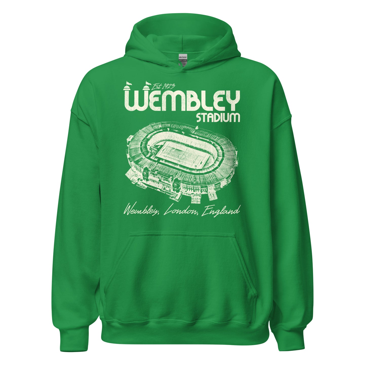 A vintage irish green hooded sweatshirt for tourists that says "Wembley Stadium", "Wembley, London, England" and "Est. 1923". References England's national stadium with an image of the oval shaped stadium that hosts the games of the England National football team, nicknamed The Three Lions. 