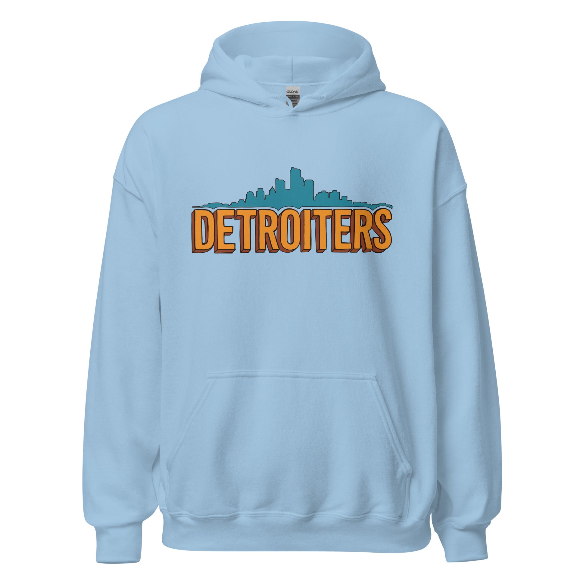 A light blue vintage hoodie sweatshirt that says "Detroiters" in orange below the Detroit skyline. 