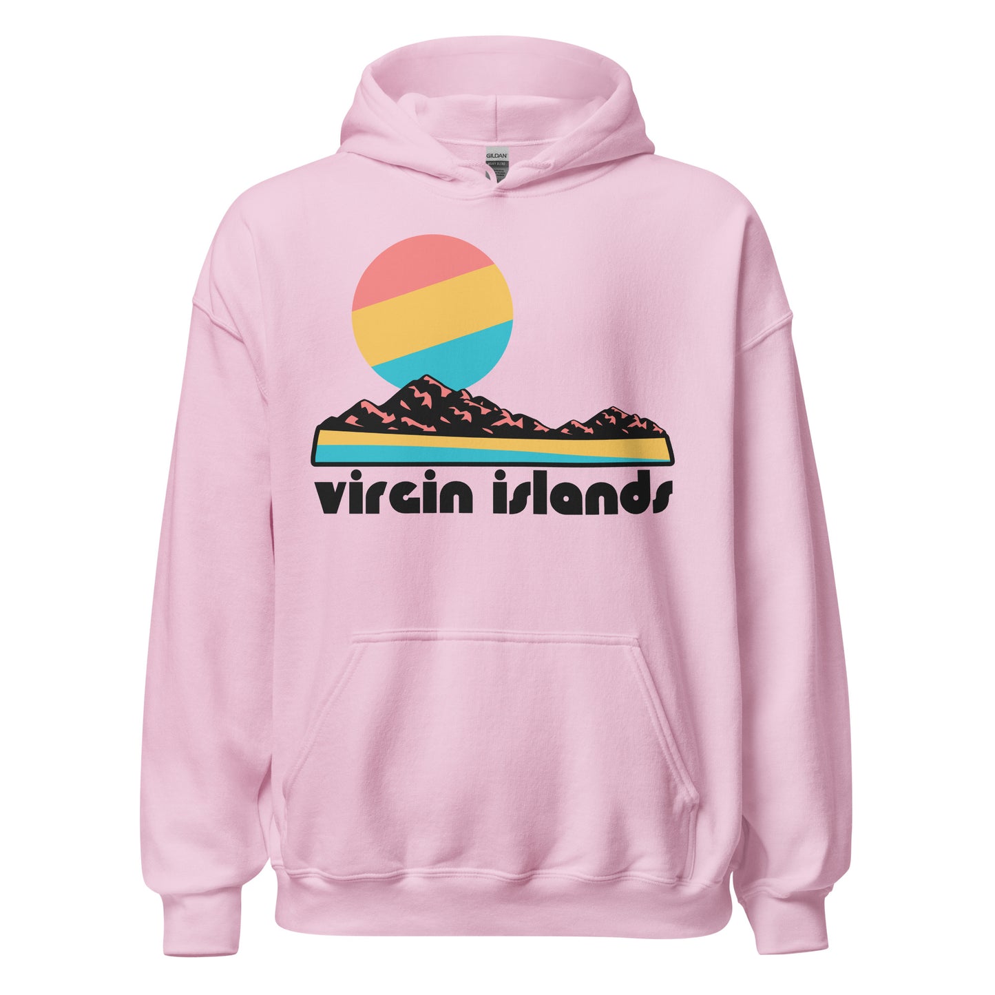 A light pink Virgin Islands 70s style souvenir hooded sweatshirt with the image of a rocky beach next to the ocean and a pink, yellow, and blue sun setting. References the Virgin Islands National Park on Saint John Island, including Cinnamon Bay Beach, Trunk Beach, and Hawksnest Beach, and ruins of the Murphy Great House, Cinnamon Bay Plantation, and Reef Bay Sugar Factory. 