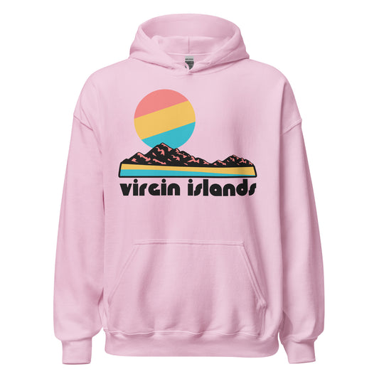 A light pink Virgin Islands 70s style souvenir hooded sweatshirt with the image of a rocky beach next to the ocean and a pink, yellow, and blue sun setting. References the Virgin Islands National Park on Saint John Island, including Cinnamon Bay Beach, Trunk Beach, and Hawksnest Beach, and ruins of the Murphy Great House, Cinnamon Bay Plantation, and Reef Bay Sugar Factory. 