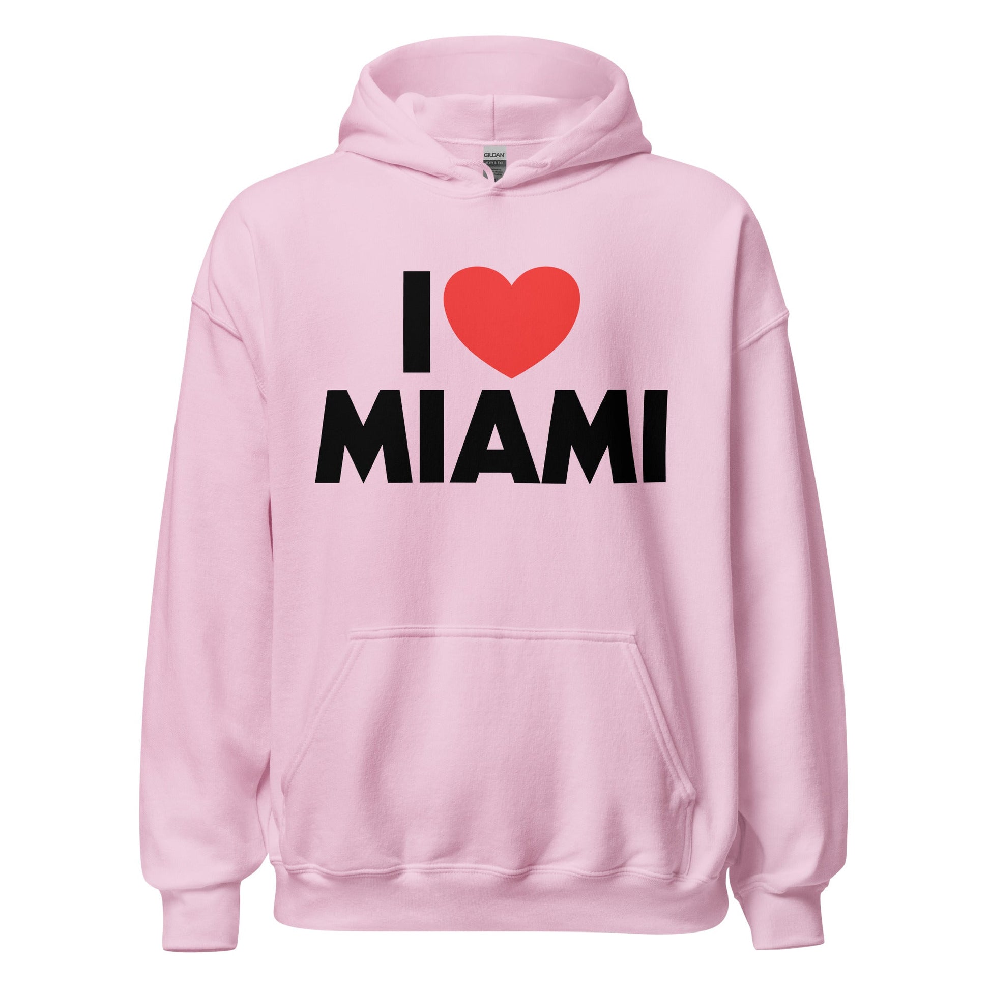 A light pink Miami, FL 70s style tourist hooded sweatshirt that says "I <3 Miami", with a big red heart image.