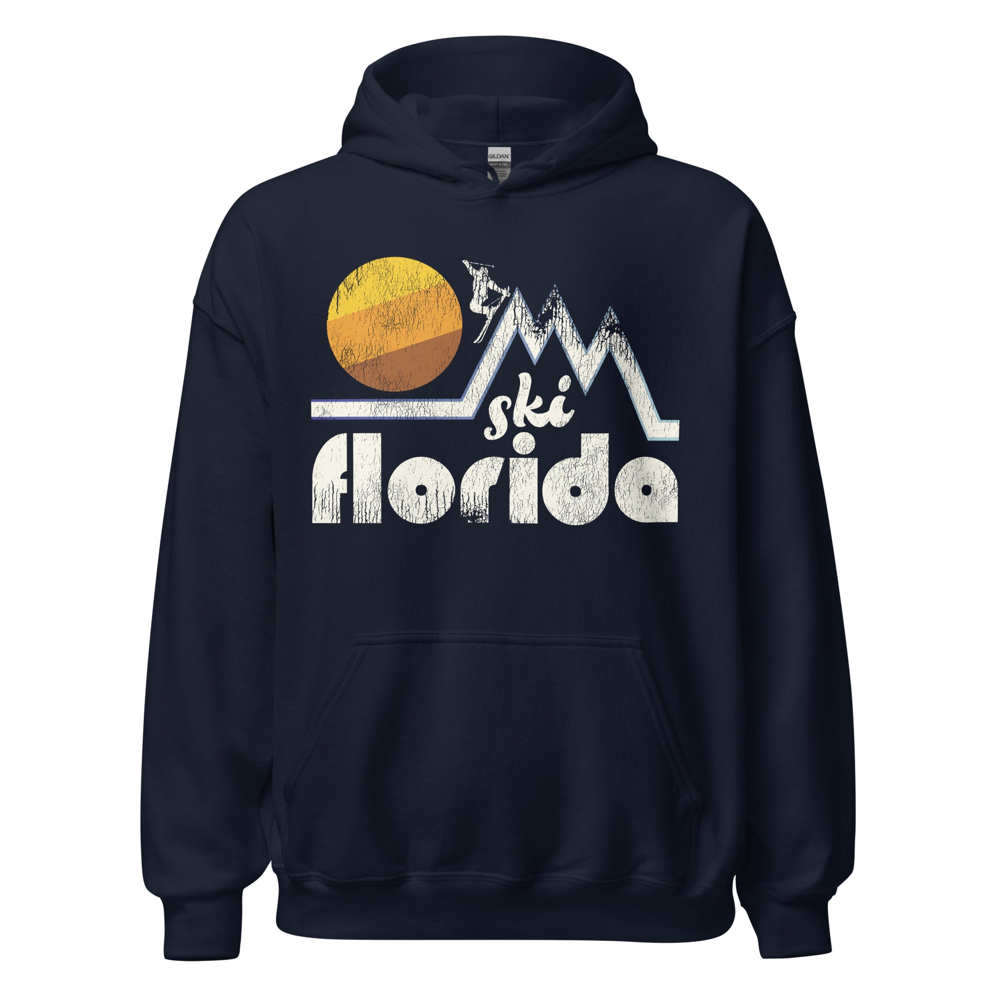 A vintage souvenir "Ski Florida" navy hooded sweatshirt. Image of three white mountain peaks with a skier doing a stylized jump and a setting sun behind. 
