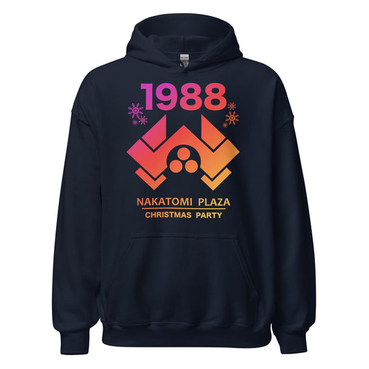 A 70s style retro navy Nakatomi Plaza sweatshirt that says "1988" and "Christmas Party", referencing the movie 'Die Hard' which took place in the Nakatomi Plaza skyscraper. Image of snowflakes and the Nakatomi logo including stylized square and circular shapes. 