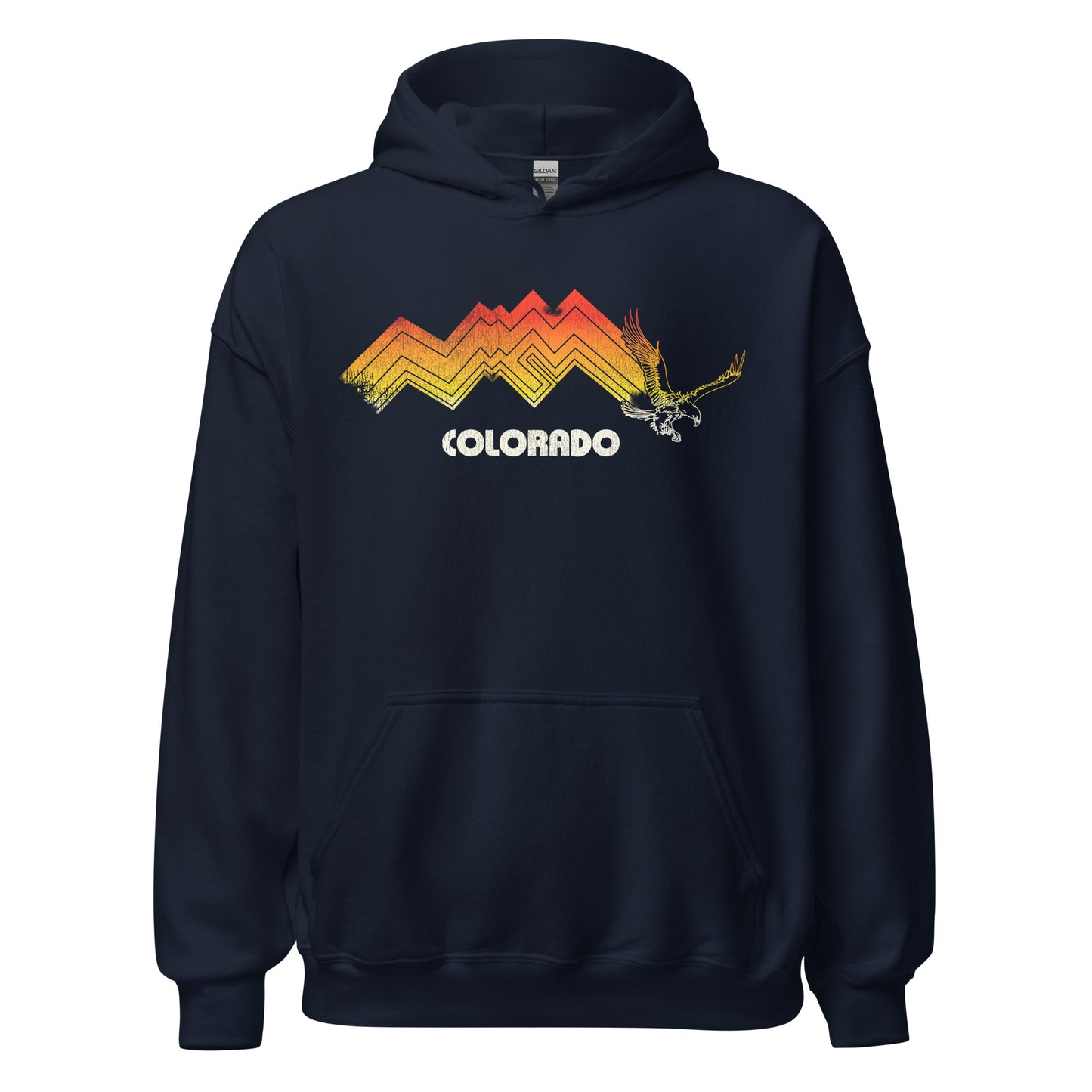 A navy travel hooded sweatshirt with a faded red, orange, and yellow Rocky mountain range with an eagle and the word Colorado.