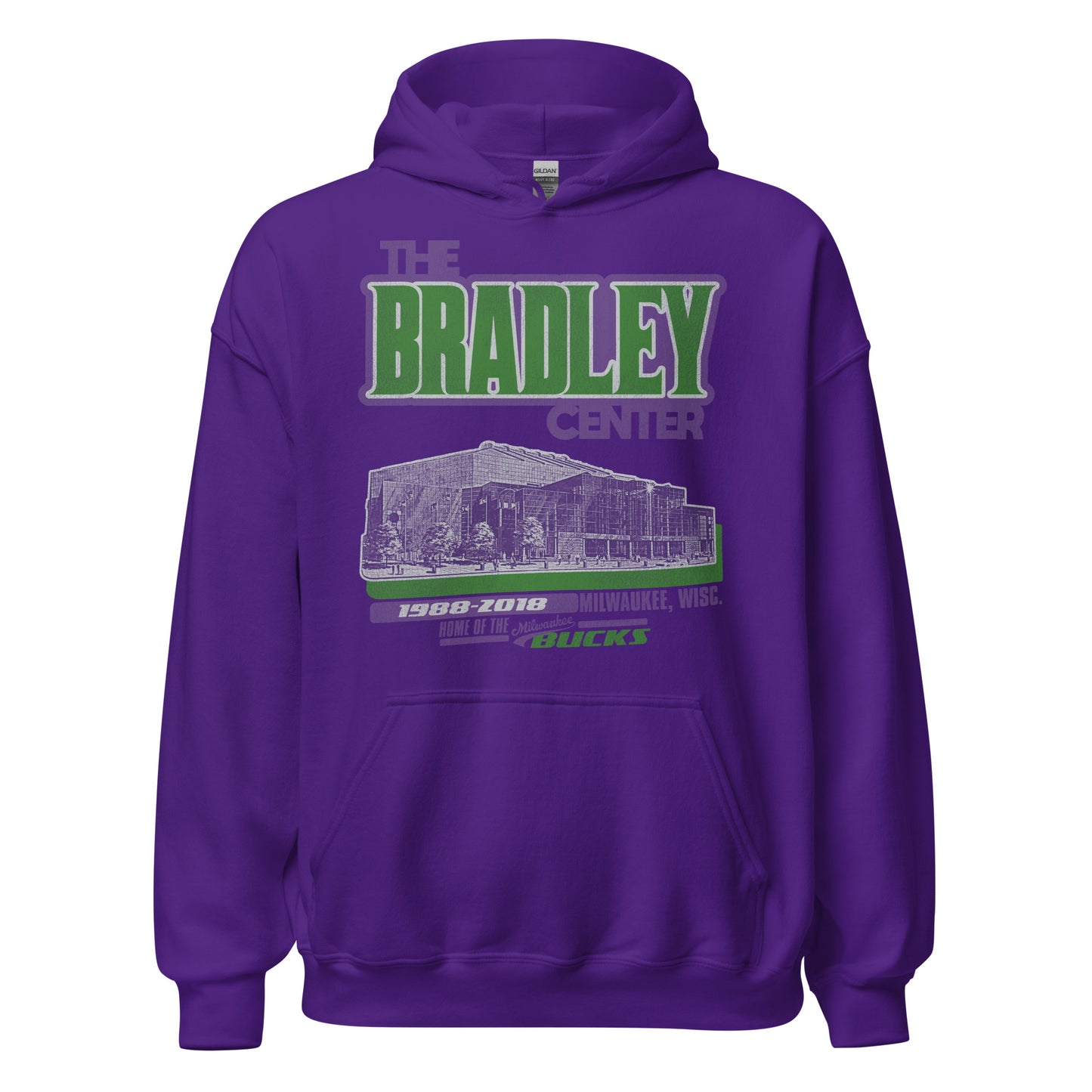A purple "The Bradley Center" hoodie sweatshirt for tourists with an image of the stadium in purple, which served as the "Home of the Milwaukee Bucks", the NBA team which won championships in 1971 and 2021. Shirt says "1988-2018" and "Milwaukee, Wisc." Letters are green and purple, the basketball team's colors. 