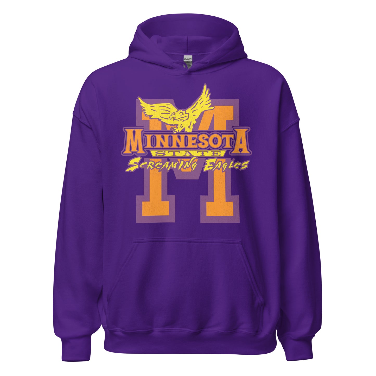 A vintage 80s style purple Minnesota State Screaming Eagles hooded sweatshirt with a huge orange and purple "M" logo from the fictional Minnesota State University and a golden eagle. In reference to the TV show "Coach". 