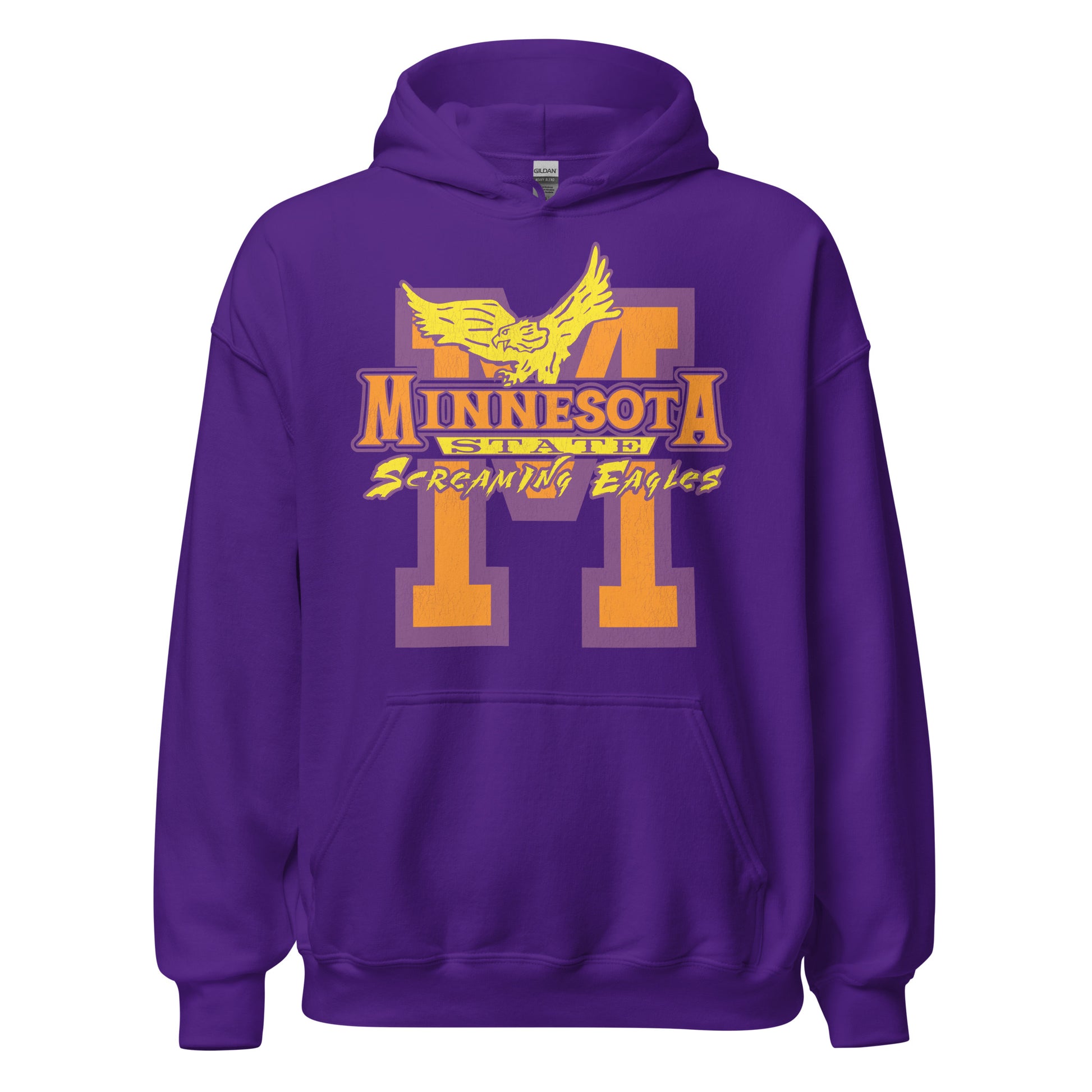 A vintage 80s style purple Minnesota State Screaming Eagles hooded sweatshirt with a huge orange and purple "M" logo from the fictional Minnesota State University and a golden eagle. In reference to the TV show "Coach". 