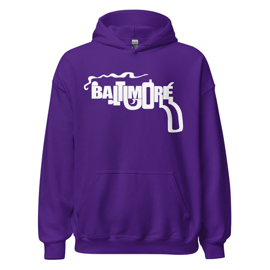 A retro purple hoodie sweatshirt with Baltimore on the front in interesting white lettering. 