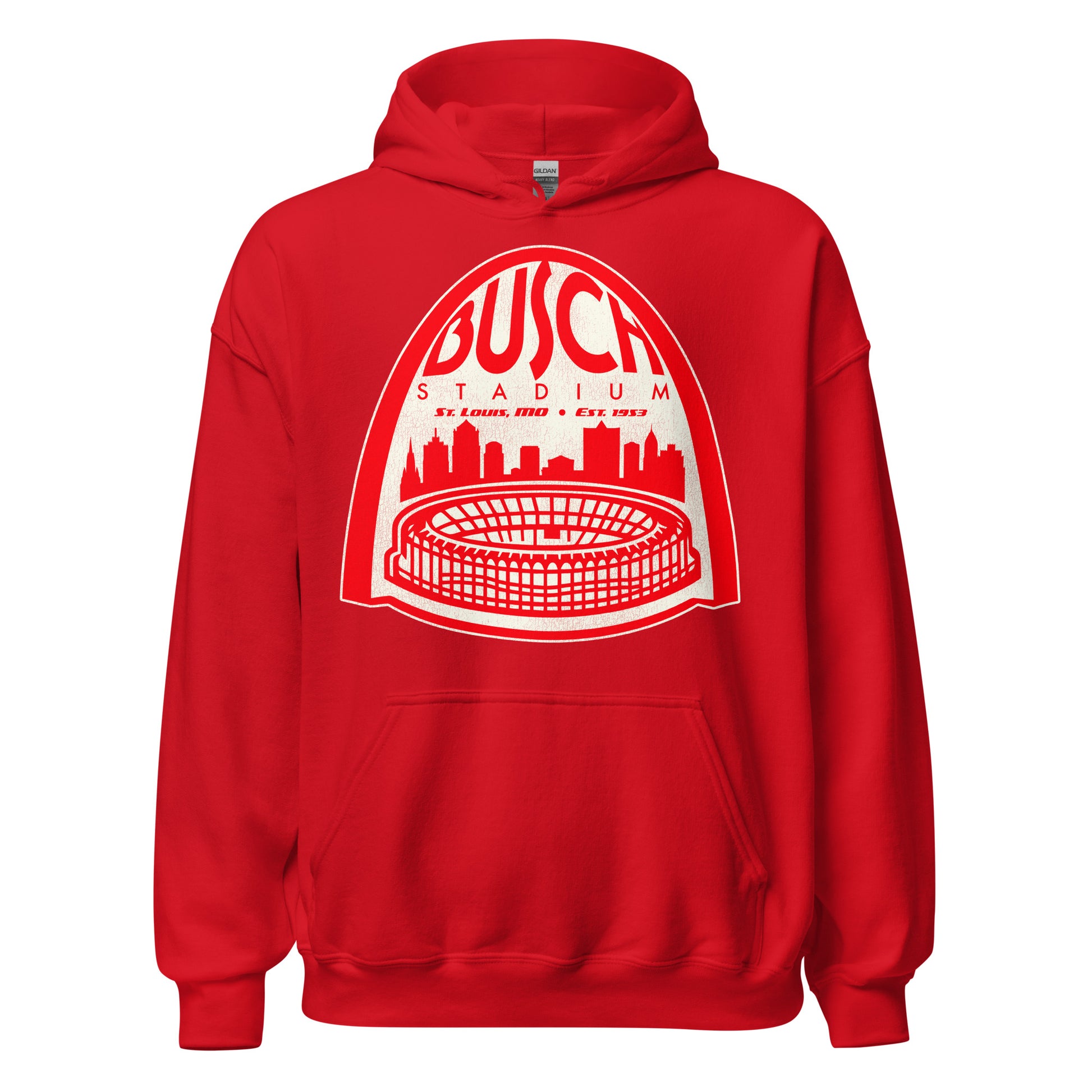 A red Busch Stadium retro hooded sweatshirt with an image of The St. Louis Arch over city skyline and an image of and the famous Busch Stadium, Est. 1953 in St. Louis, MO home of the MLB Cardinals. Referred to as the Old Busch Stadium and has since been demolished and replaced with newer ones. 