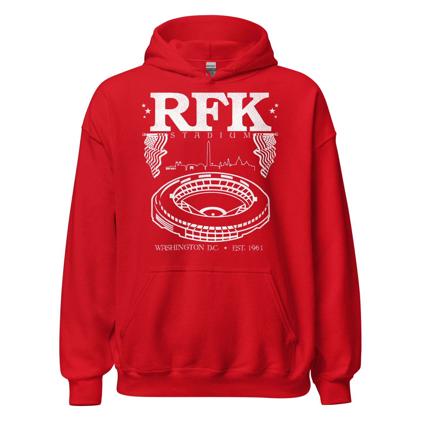 A vintage red RFK Stadium hoodie sweatshirt, otherwise known as the Robert F. Kennedy Memorial Stadium in Washington D.C., Established 1961. Image of American flags, the Washington DC skyline, and the now closed baseball stadium currently being demolished. Originally the home of the Washington Redskins, or the Washington Commanders and a concert venue. 