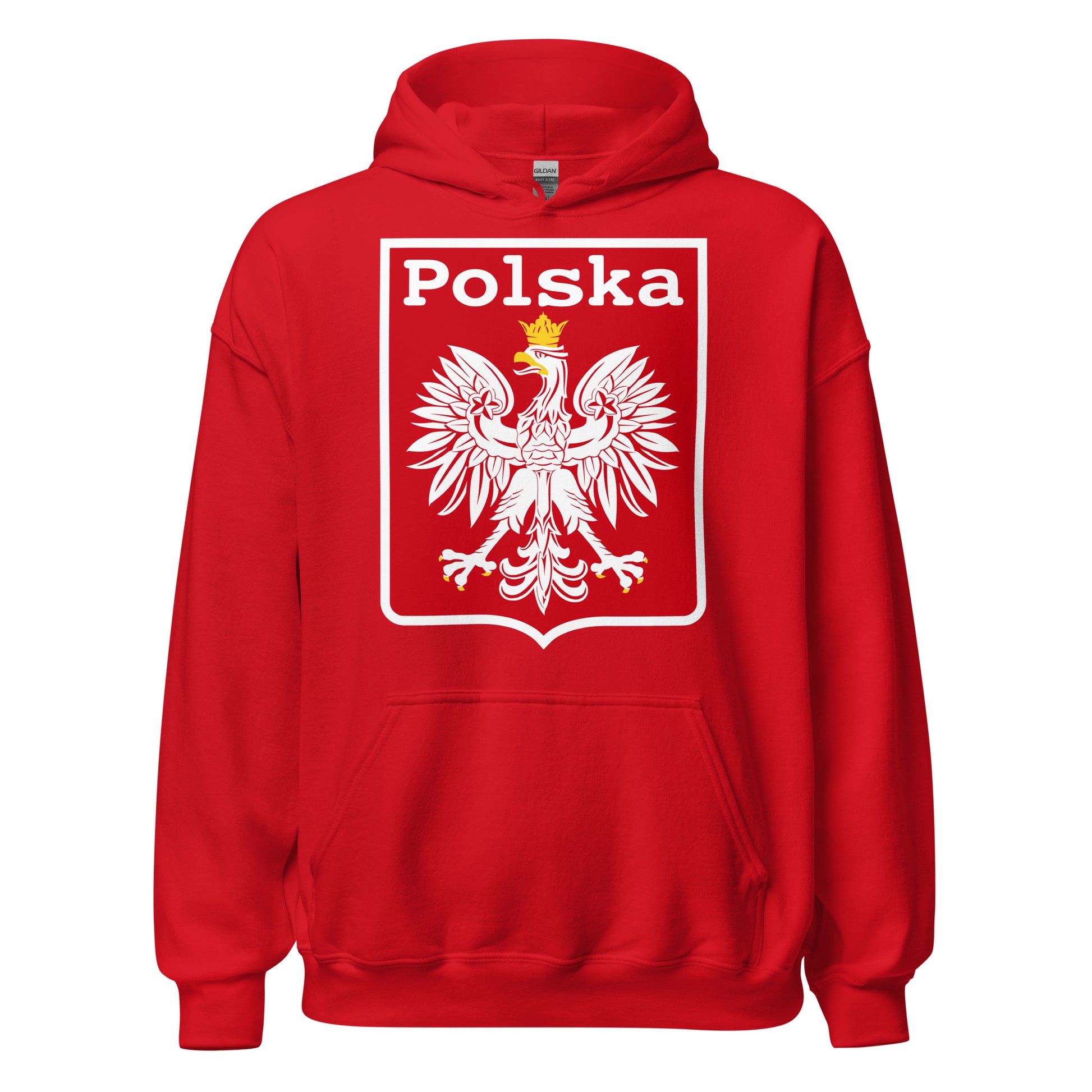 A red retro hoodie sweatshirt that says "Polska". Has Poland's national coat of arms, an eagle with a golden crown, surrounded by a shield. 