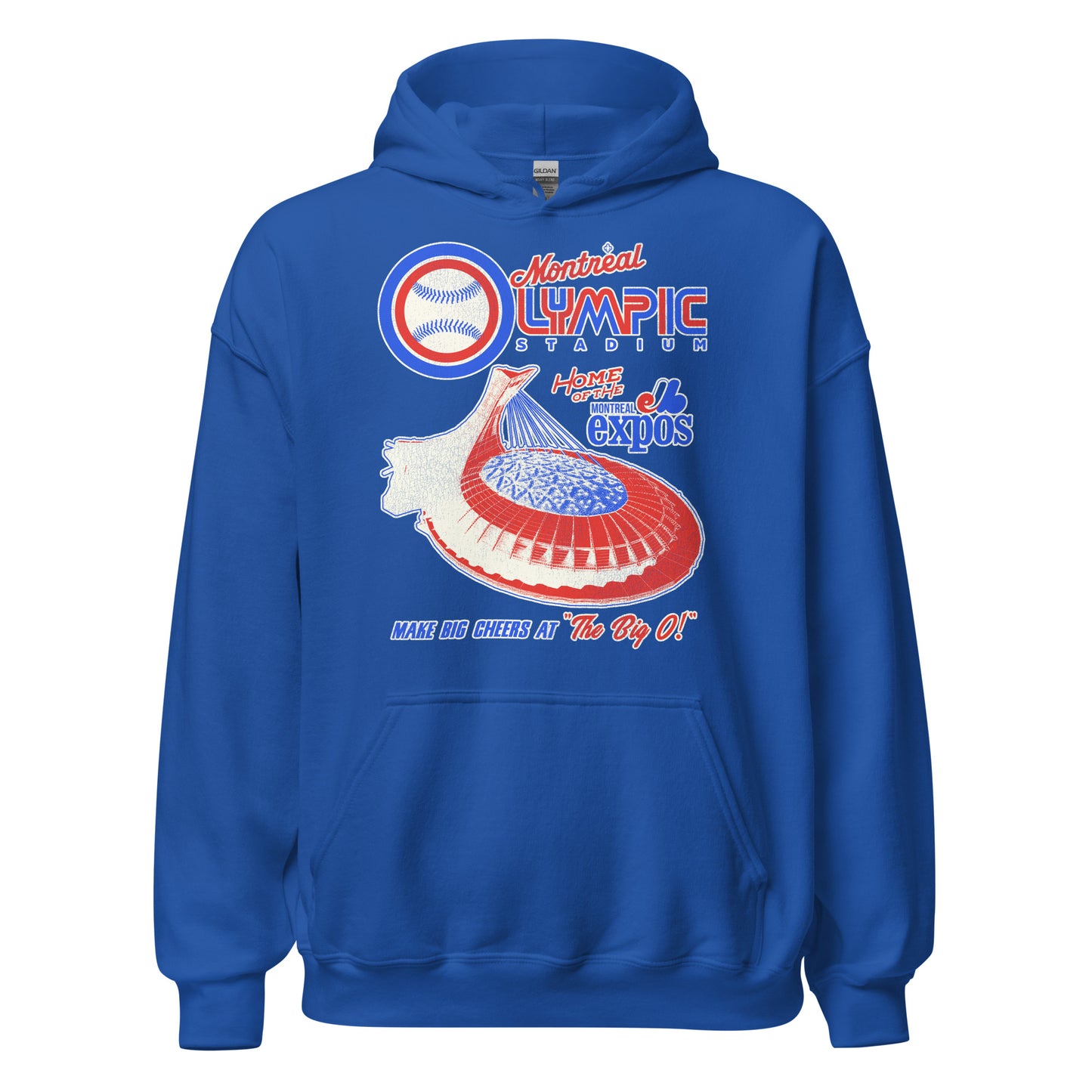 A vintage, 70s style royal blue hoodie sweatshirt which says 'Montreal Olympic Stadium' and has an image of the famous Canadian stadium in red, white, and blue where the Expos played. Originally the "Home of the Montreal Expos". Also says 'Make big cheers at "The Big O!"' which is the stadium's nickname. 