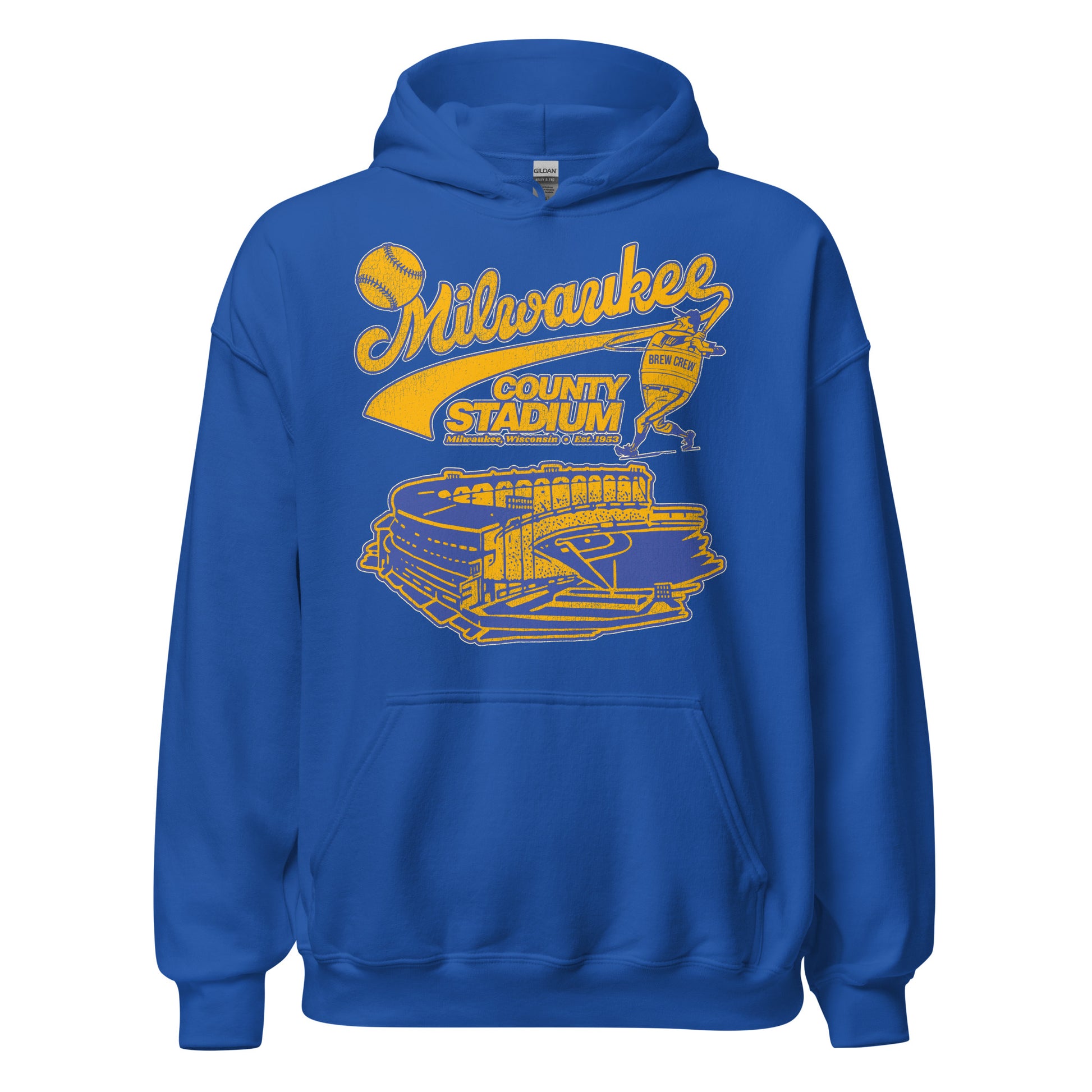 A royal blue retro 80s style Milwaukee County Stadium hooded sweatshirt. Image of a baseball player wearing a "Brew Crew" jersey, referencing the Milwaukee Brewers' nickname, hitting a home run over the stadium. Text says "Milwaukee, Wisconsin" and "Est. 1953". 

