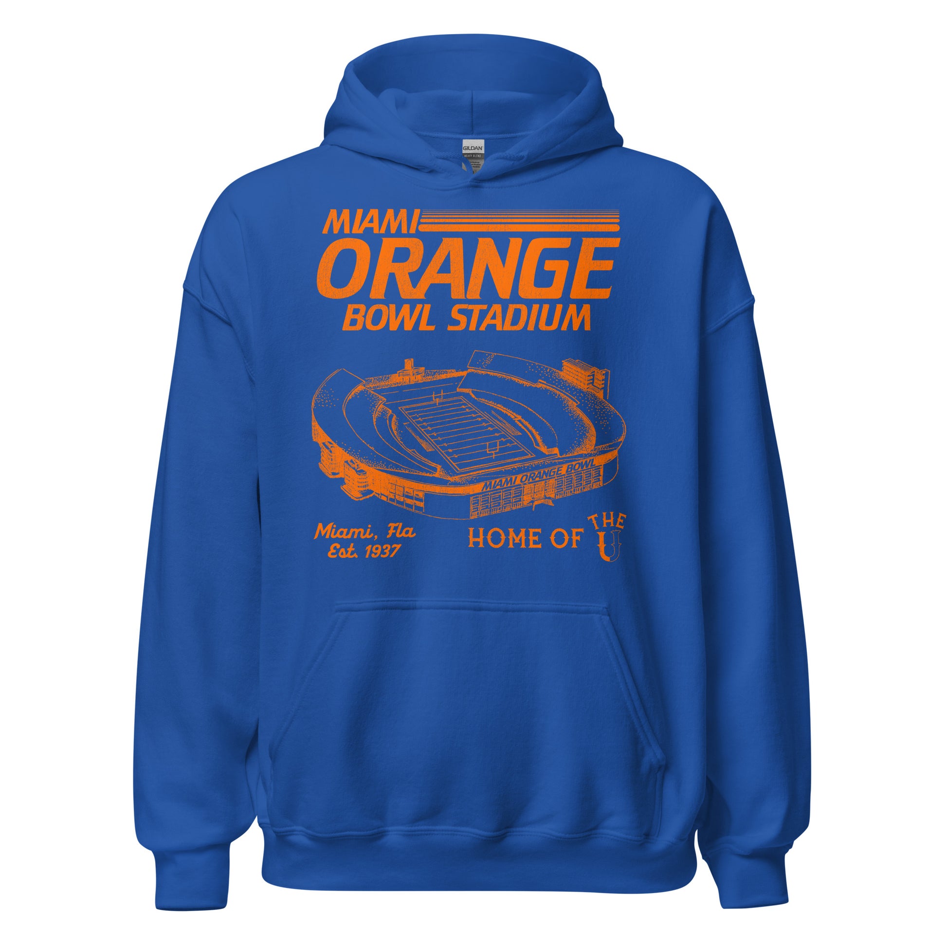 A vintage royal blue and orange Miami Orange Bowl Stadium hooded sweatshirt with an image of the stadium in orange colors that says "Miami Orange Bowl" in Miami, Florida, which was Established 1937. Says "Home of the U" as the University of Miami played their home games in the stadium. The stadium was also home of the NCAA Miami Hurricanes and the NFL Miami Dolphins and the famous Orange Bowl game (which today is played at Hard Rock Stadium). 
