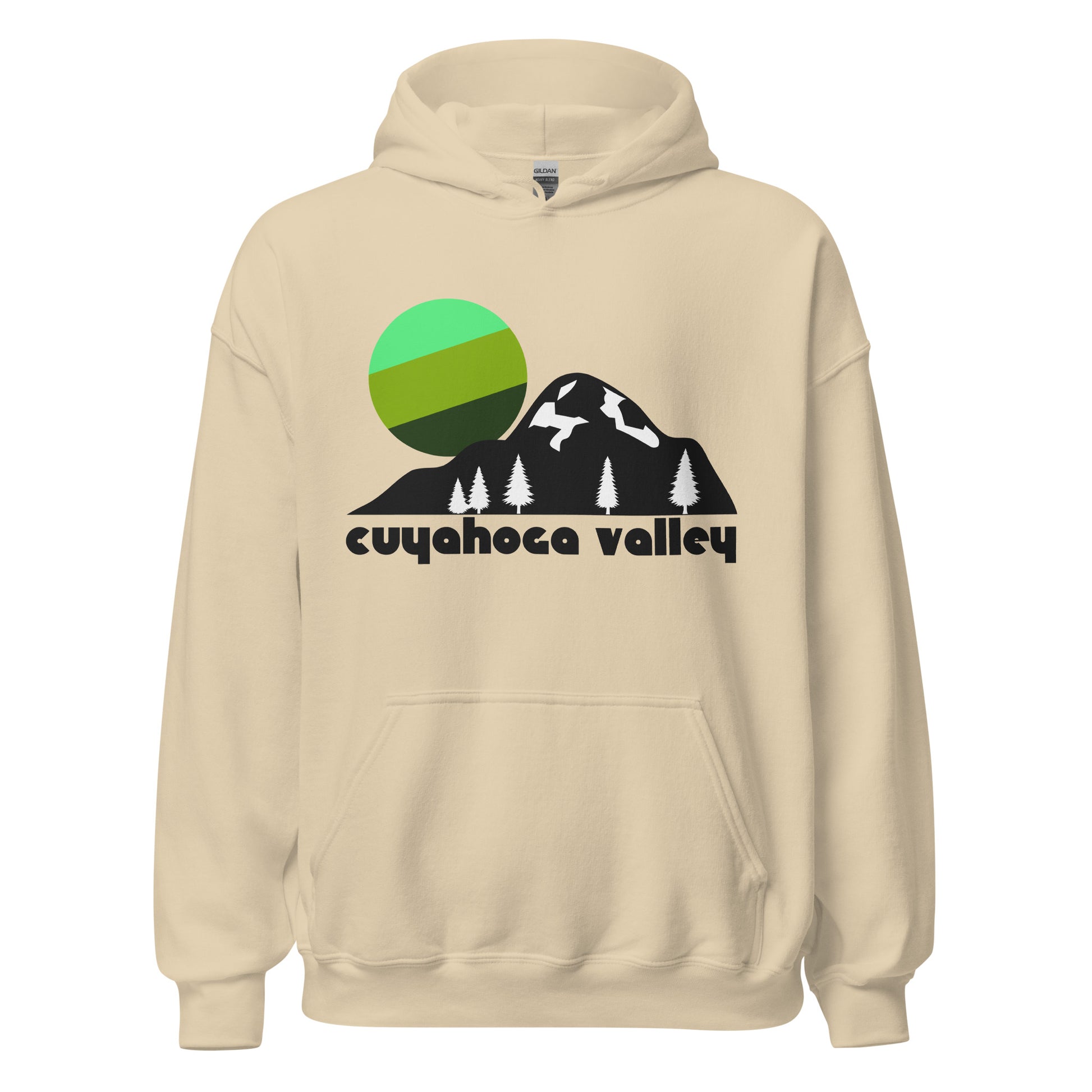 A souvenir Cuyahoga Valley National Park sand colored hooded sweatshirt with the image of rolling hills with pine trees and a rising green toned sun, representative of Oak Hill Mountain, with the words "Cuyahoga Valley" in bold, black lettering. 