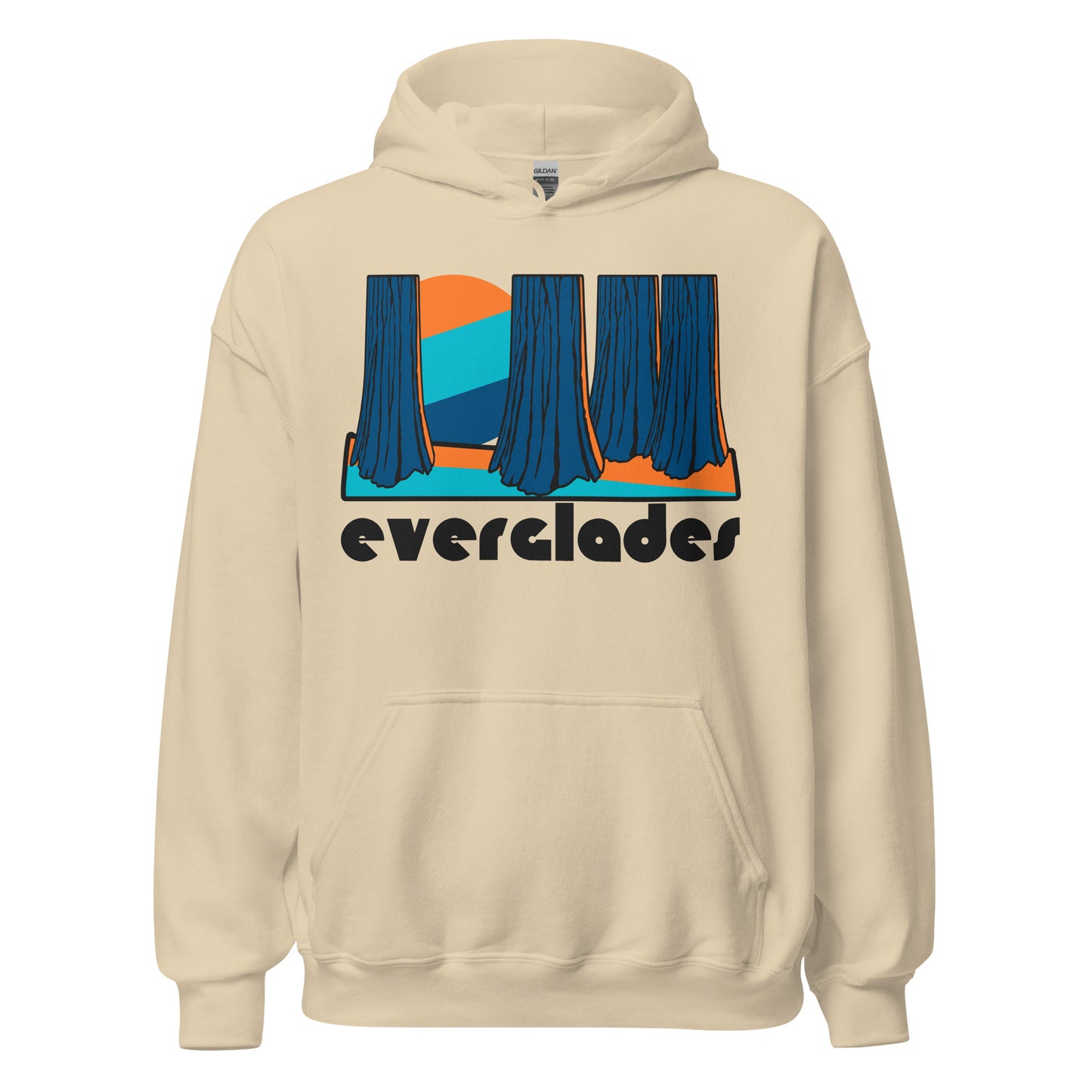 A retro, sand colored Everglades hooded sweatshirt with the aesthetic blue and orange toned image of large tree trunks and a sun shining through. References Florida's world famous Everglades National Park, an incredible destination for adventurers with opportunities to hike, take an airboat ride or a paddling tour, and go boating, and visit incredible areas like Shark Valley, Big Cypress Bend, and Anhinga Trail. 