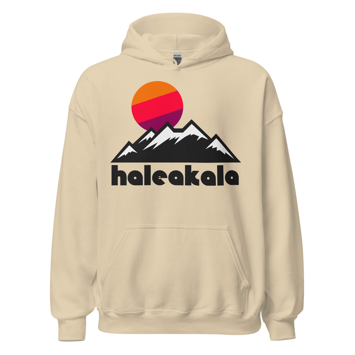 A retro, souvenir Haleakala sand colored sweatshirt which includes an artistic mountain landscape with snow on the tops, an orange, pink, and purple sun setting from just above the peaks. It references Haleakalā National Park, located in Maui, Hawaii, known for its namesake, an active volcano, and the majestic night sky views from the summit. 