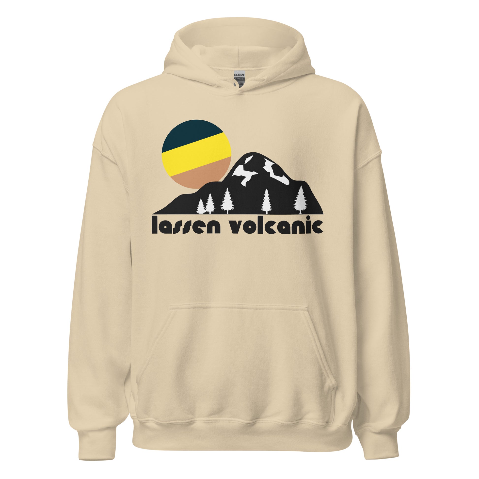 A retro, souvenir sand colored hoodie sweatshirt that says "lassen volcanic" under the image of a beautiful mountain landscape with spruce trees and a striped black/yellow/tan sun setting in the distance. In reference to the popular Lassen Volcanic National Park in the Cascade Mountain Range in California, which has trails connecting to the Pacific Crest Trail as well as various volcanoes and landscapes defined by lava - such as the Devastated Area - and including hydrothermal sites, like Bumpass Hell. 