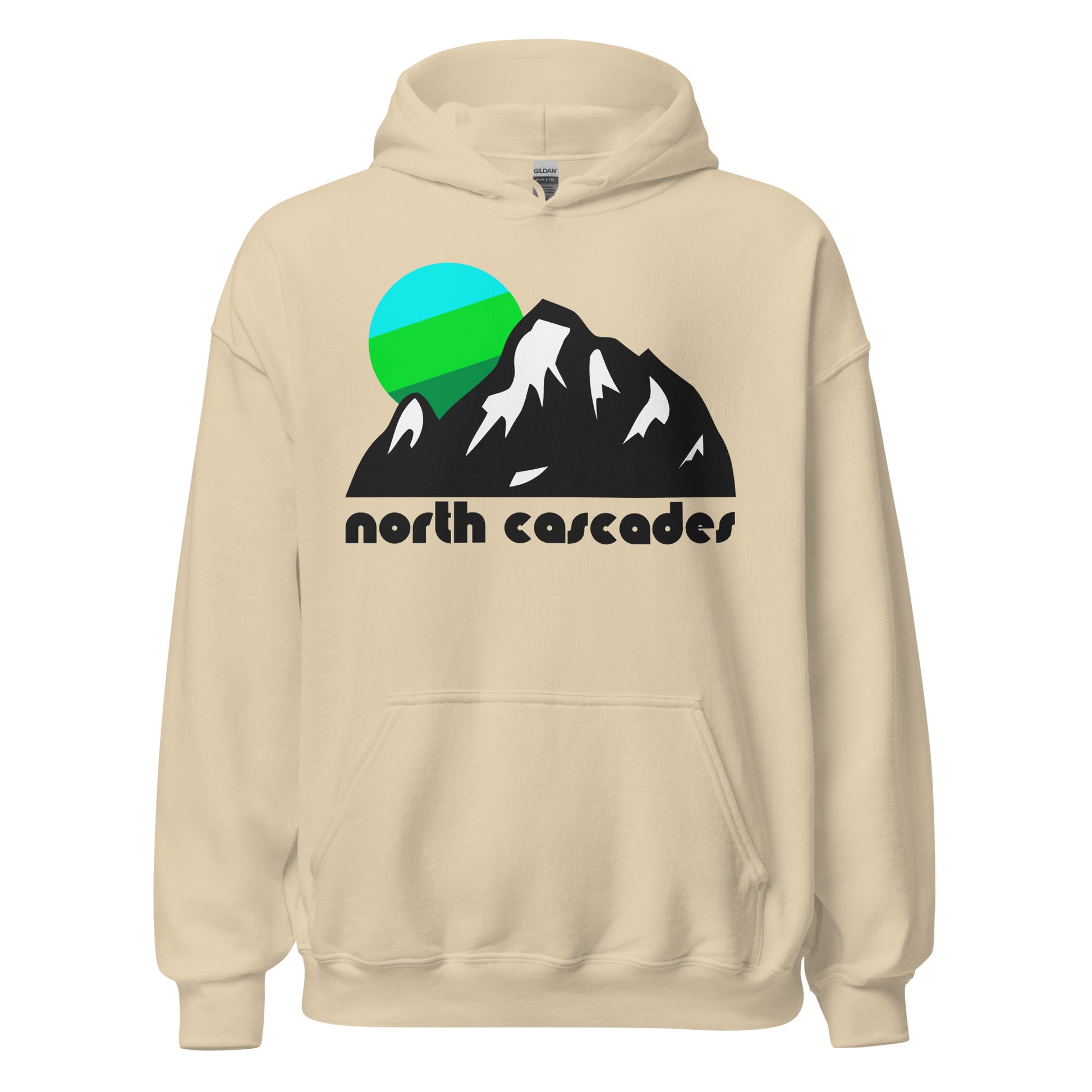 A sand colored, 70s style vintage "North Cascades" hoodie sweatshirt with an image of a beautiful mountain landscape with snow on the peaks and a colorful sun in greens and blues, referencing North Cascades National Park in Washington State, a couple hours from Seattle, known for its 300 glaciers and stunning alpine hikes. 