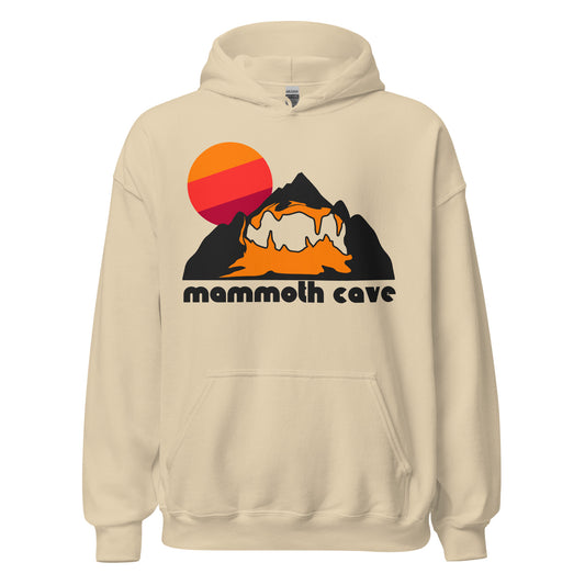 A sand colored 70s style retro hoodie sweatshirt with a picture of a reddish and pink sun setting above a rocky and dark landscape, the inside orange, hiking trails carved out into the stone, representative of Mammoth Cave National Park's claim to fame: the world's longest cave system ever discovered. 